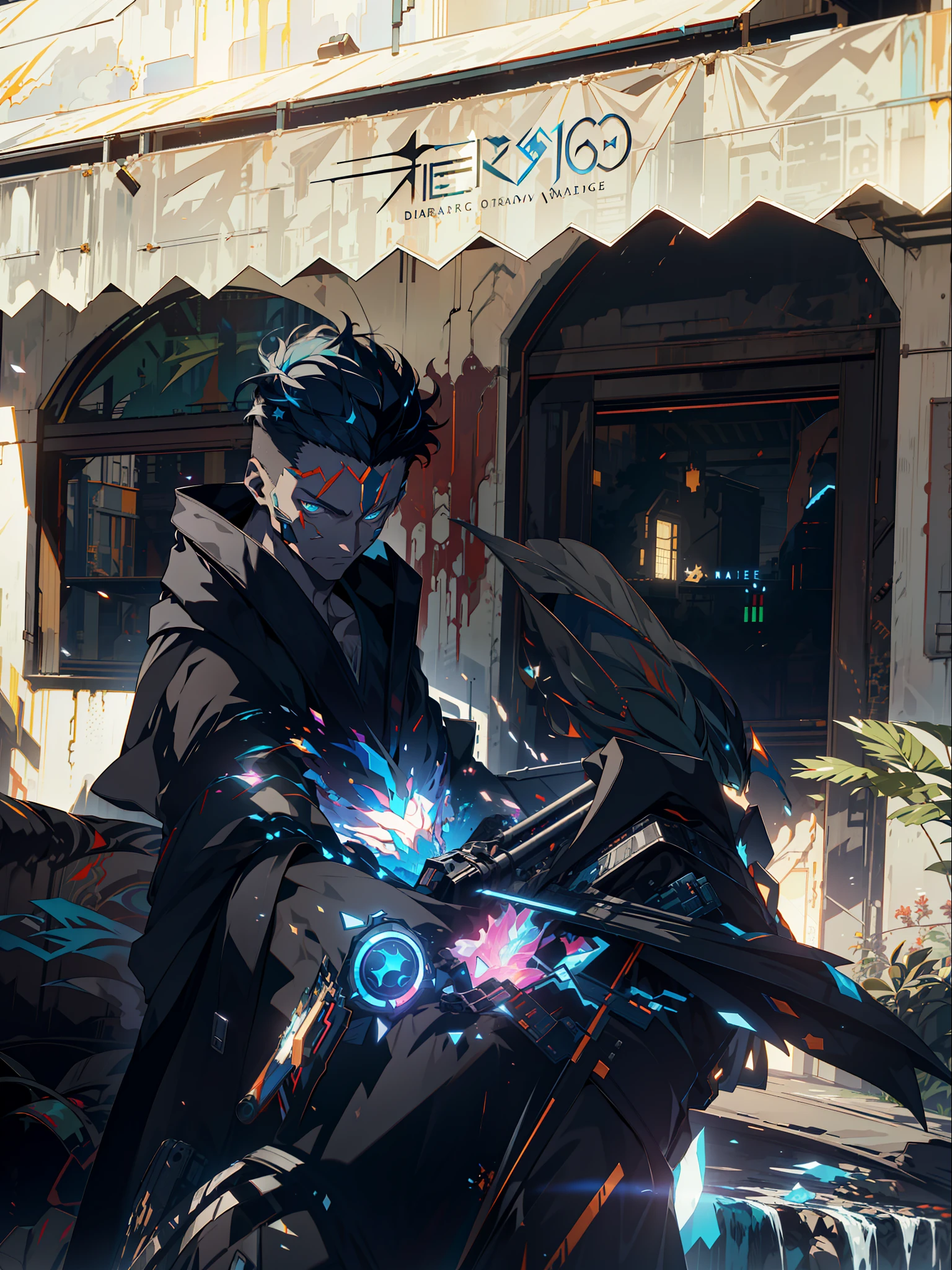 cyberpunk man, fantasy world, dark background, clean design, epic Instagram, artstation, locomotives, locomotive with crotch, colorful paint splash, silhouette, ultra-detailed intricate details, Unreal engine, fantasy, complex details, splash screen, complementary colors, fantasy concept art, 8k resolution, deviantart masterpiece, oil painting, heavy stroke, paint dripping, (isolated on white background: 1.3), rainbow skin, ((( Handsome young man))), ((teenage:1.5)), (glowing blue eyes), ((eyes with light)), (short white hair: 1.1))), ((black), (prince\\(indifferent expression\\),, (((wearing high-detail luxury black robe))), white hair, frost magic, ((pectoral muscles) --v 6
