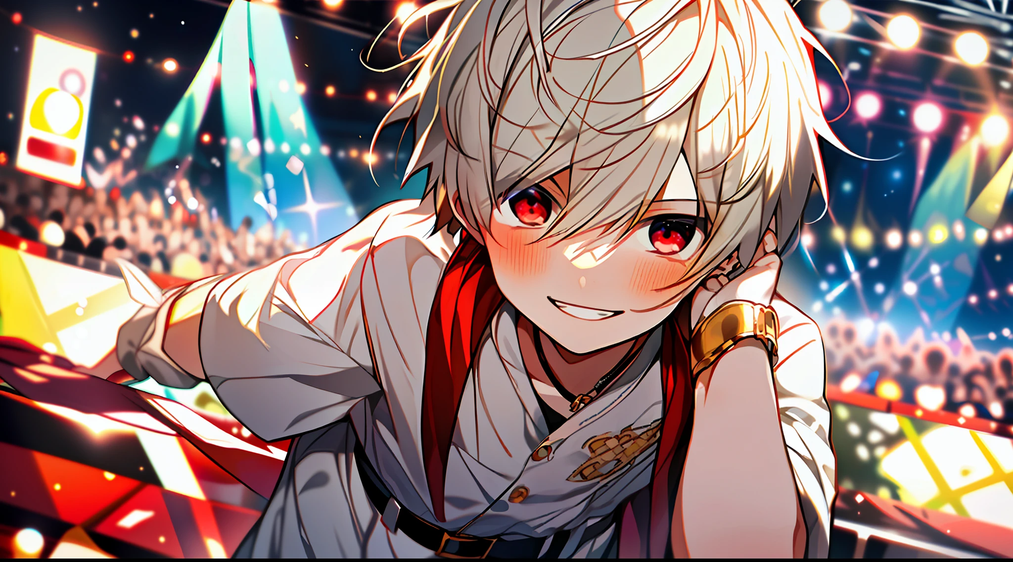 ((masterpiece)),(((best quality))), (high-quality, breathtaking),(expressive eyes, perfect face), 1boy, solo, male, short, young, boy, short white hair, red eyes, smiling, blushing, idol outfit, short shorts, on stage, singing