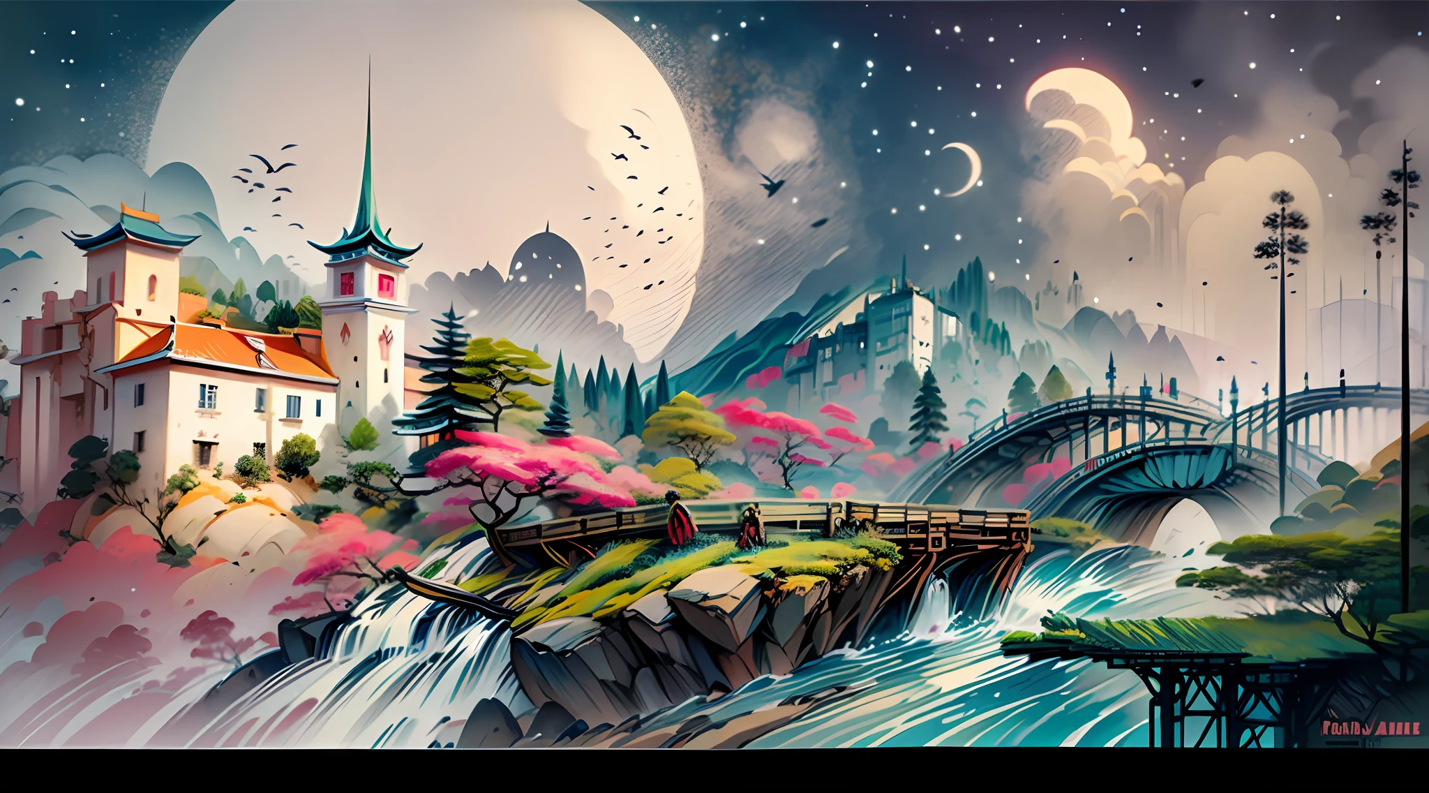 (magical place: 1.2, vibrant colors: 1.1, bridge, city on the horizon, 8k) medieval castle, sky with ralampagos in autumn