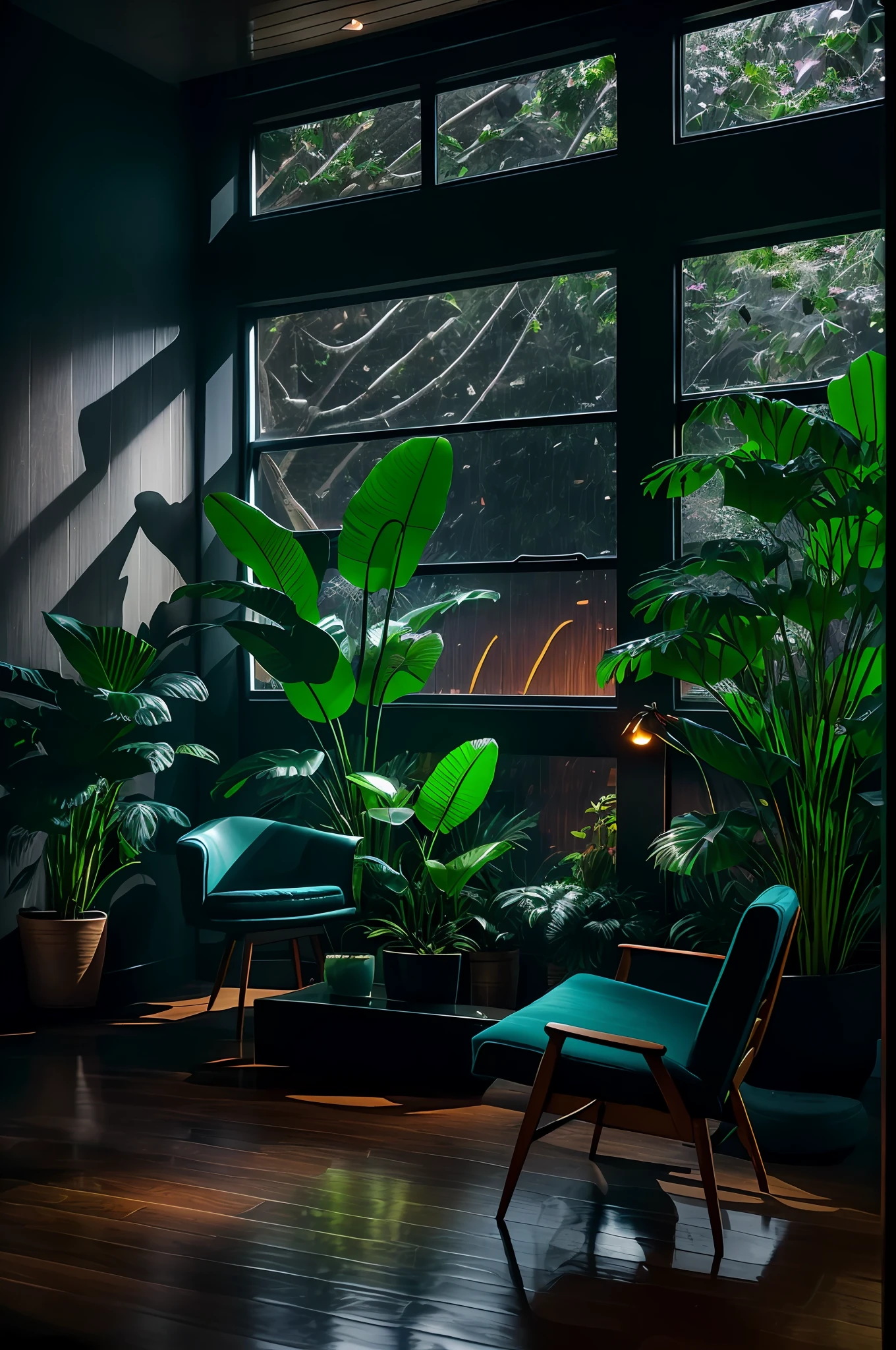 dimly lit mid-century modern living room with dark and rainy night outside, (rainy and foggy night: 1.2), Pacific Northwest, (dim lighting: 1.4), (dim lighting: 1.2), plants, large plants, rainy, monstera, many plants, (foggy windows:1.2), masterpiece, better quality, twilight hour, (night:1.4), Rainy afternoon, after sunset,