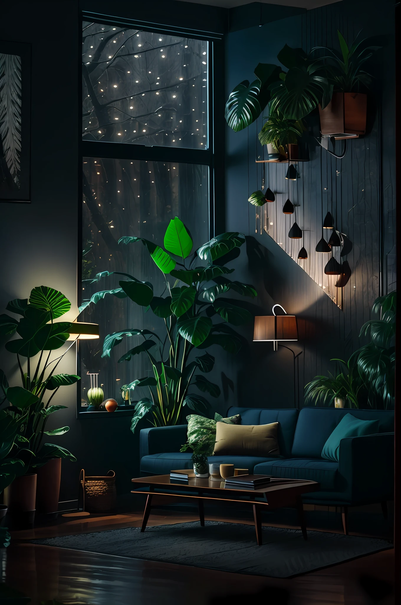 dimly lit mid-century modern living room with dark and rainy night outside, (rainy and foggy night: 1.2), Pacific Northwest, (dim lighting: 1.4), (dim lighting: 1.2), plants, large plants, rainy, monstera, many plants, (foggy windows:1.2), masterpiece, better quality, twilight hour, (night:1.4), Rainy afternoon, after sunset,
