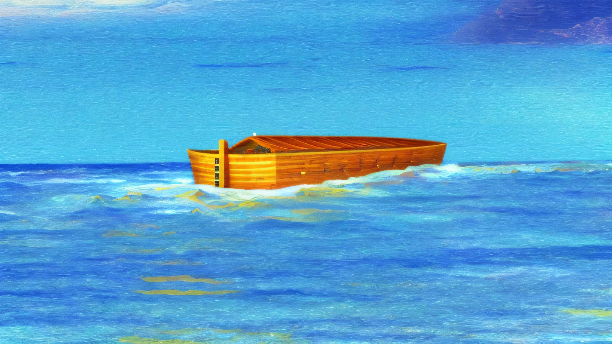 Photo Raw, (realistic), (masterpiece), (best quality), waters, Noah's ark solo in the background, [(high details)], epic biblical representation, 8k, UHD, cinematic lighting, --s2