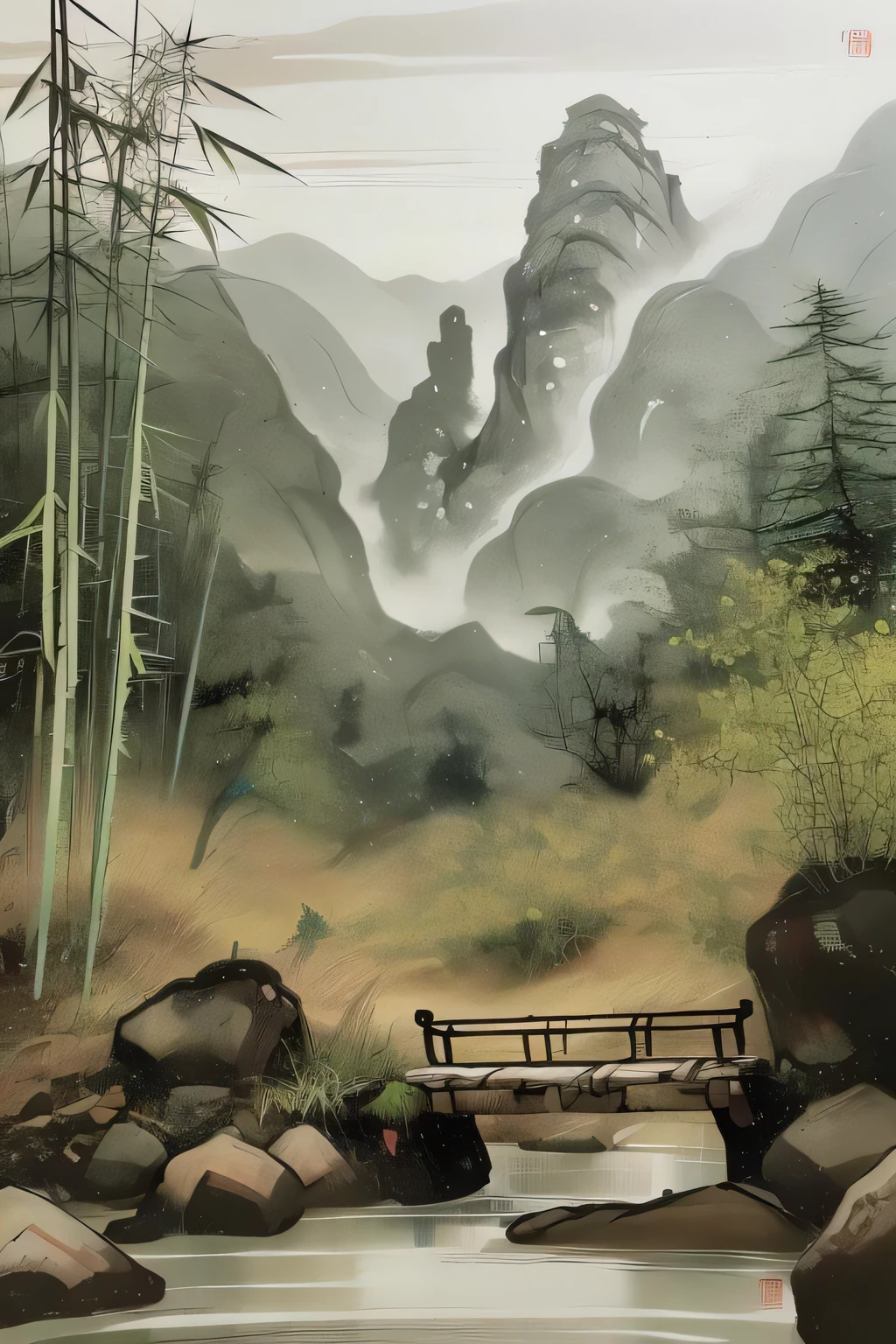 Chinese martial arts style, with vast sky, continuous mountains and steep cliffs, waterfall flowing water,ink wash style, outline light, atmospheric atmosphere, depth of field, mist rising, bamboo, pine trees, octagonal stone pavilion, Monochrome, light color,