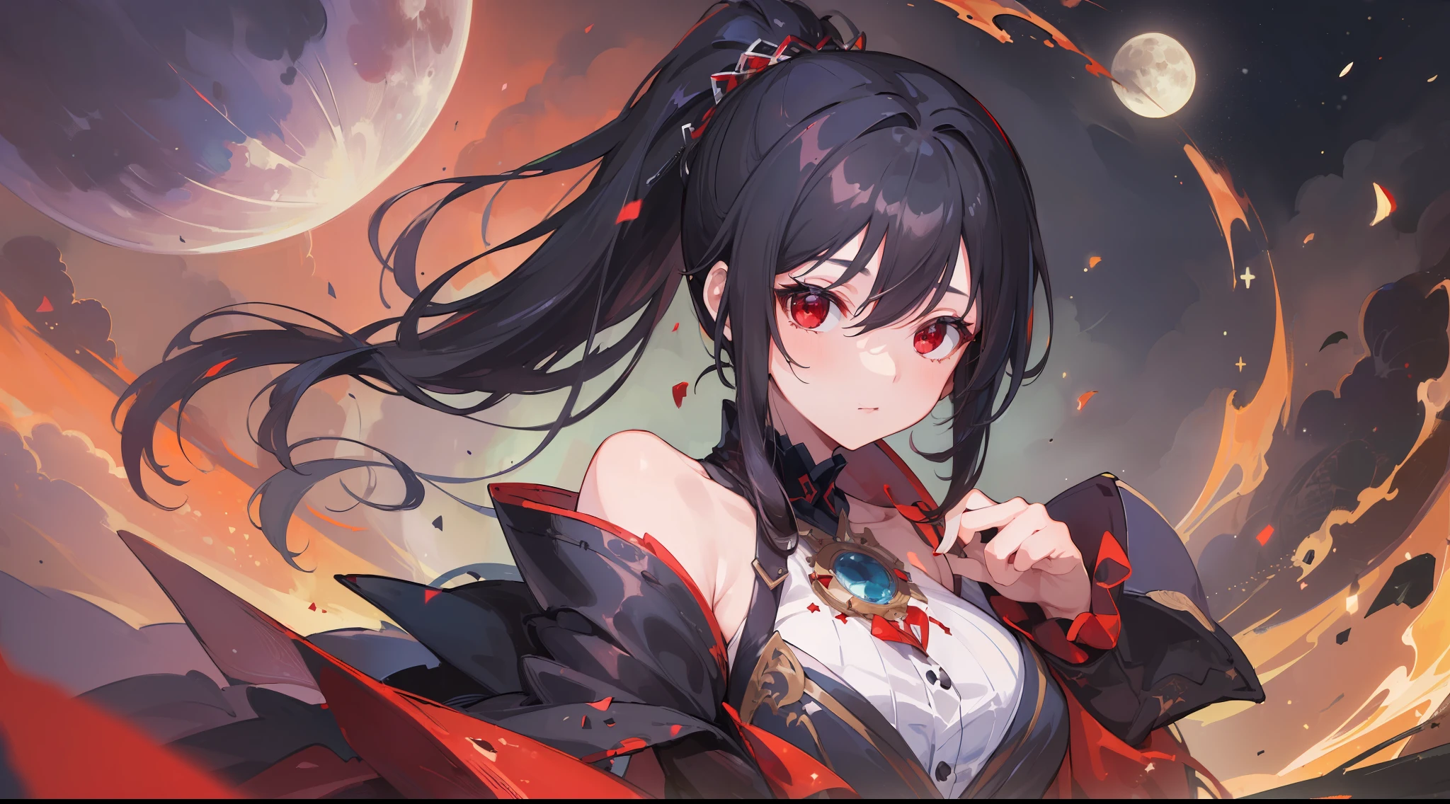 (masterpiece, best quality, high resolution:1.5), 1girl, (mature) , solo, black hair, ponytail, red eyes , fantasy, dynamic pose, night, moon