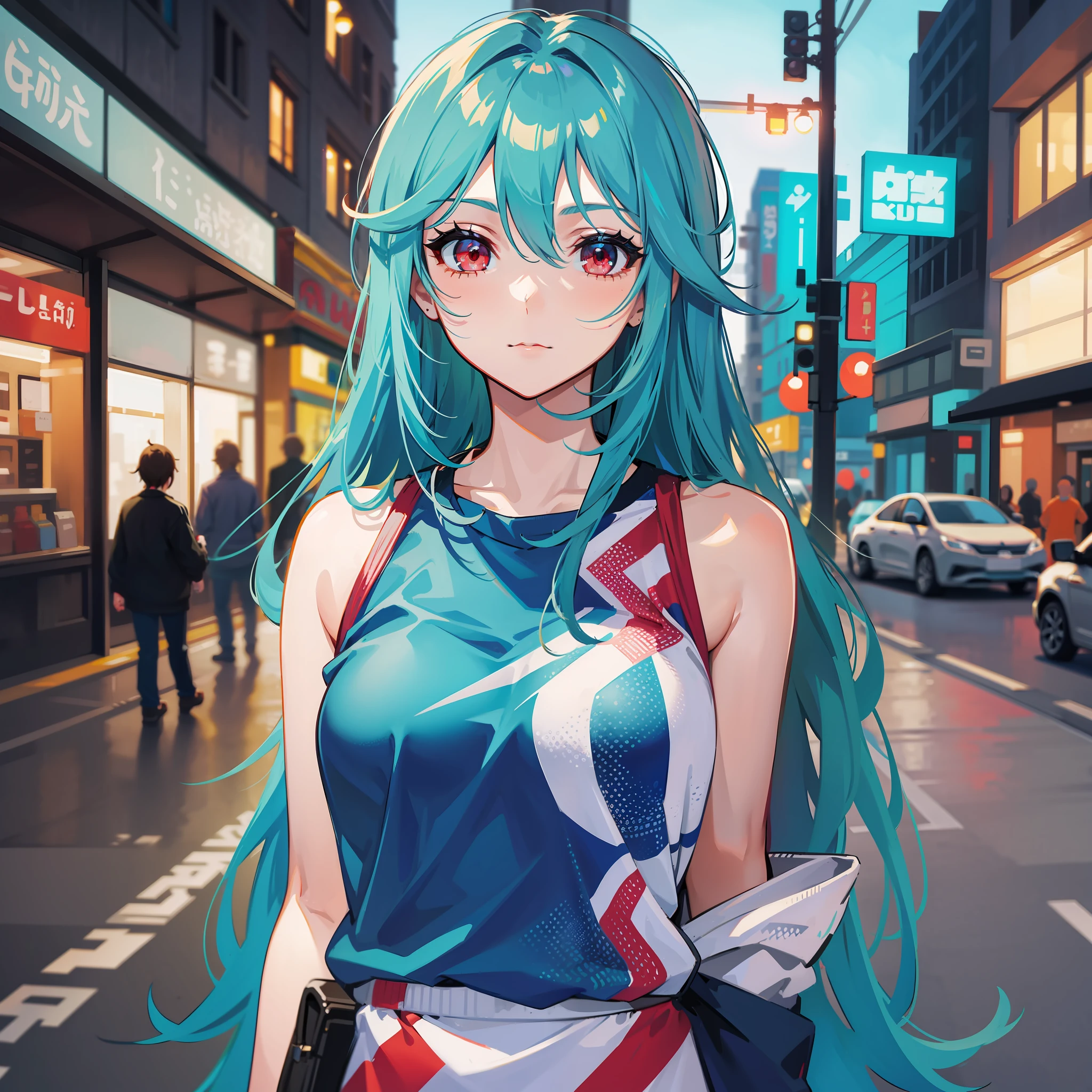 A woman, cyan hair, red eyes, long hair, casual clothing, athletic body, on the street