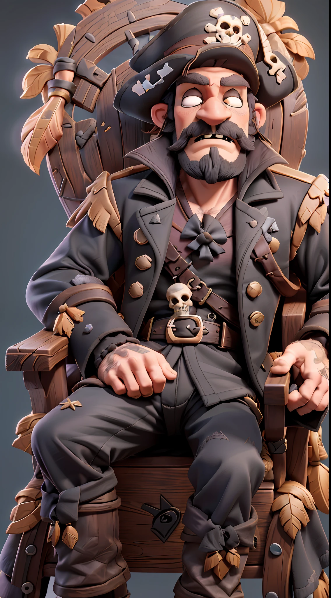 A pirate man, looks 40 years old, ((sleeping in a chair)), wearing pirate clothes, hat with a skull and an ornament feather, wearing pants and ((black coat)), black boots, masterpiece, high quality, ((children's style)), white background -- v6 quality --2