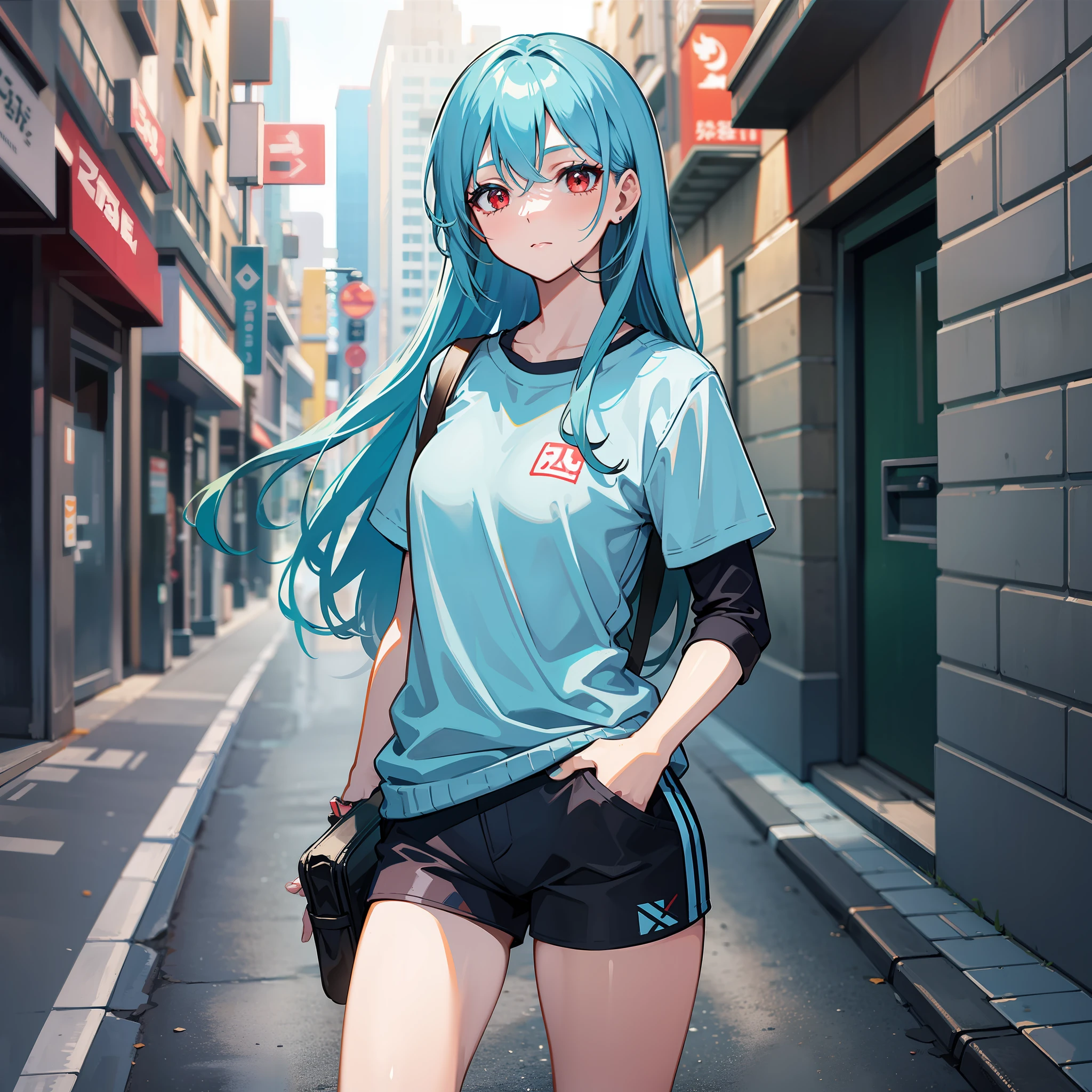 A woman, cyan hair, red eyes, long hair, casual clothing, athletic body, on the street