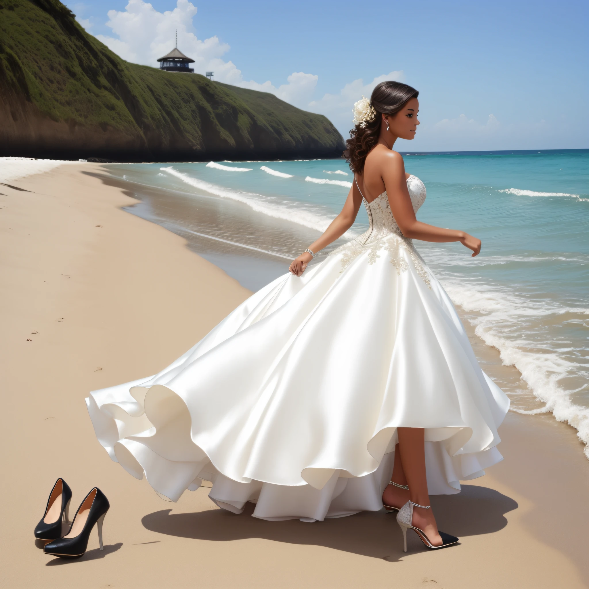 A ballgown and high heels are an interesting choice of attire for the beach