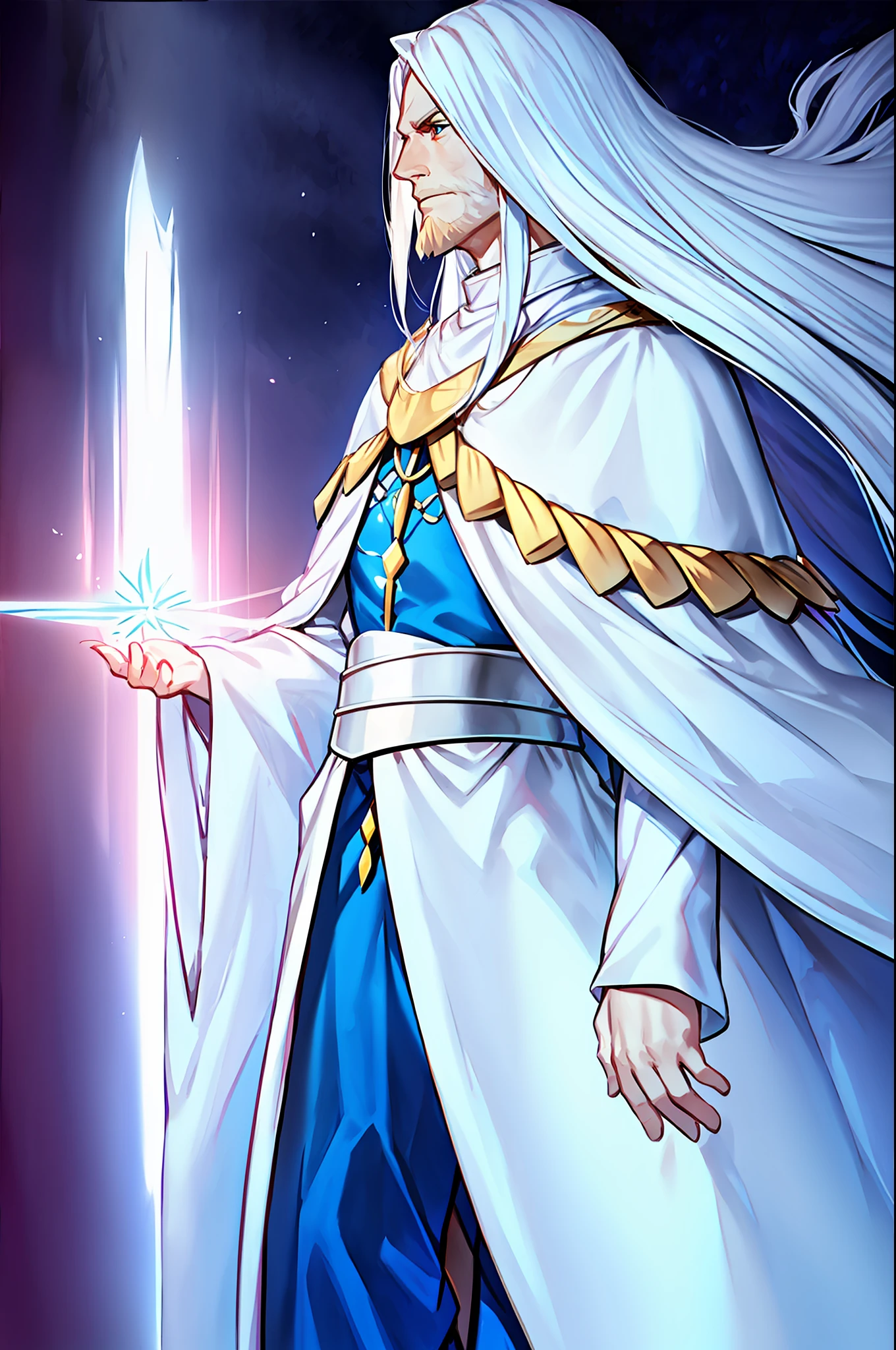 Tall man, long white blond hair, white magician's outfit, somewhat medieval soldier. He is a new order of mutant Phoenixes. Its mutation power is water. Father of saint, with a white tunic, with necklaces blue details, white beard, calm countenance, realistic image, Expressionism, relationship graph, reflection light, backlighting, UHD