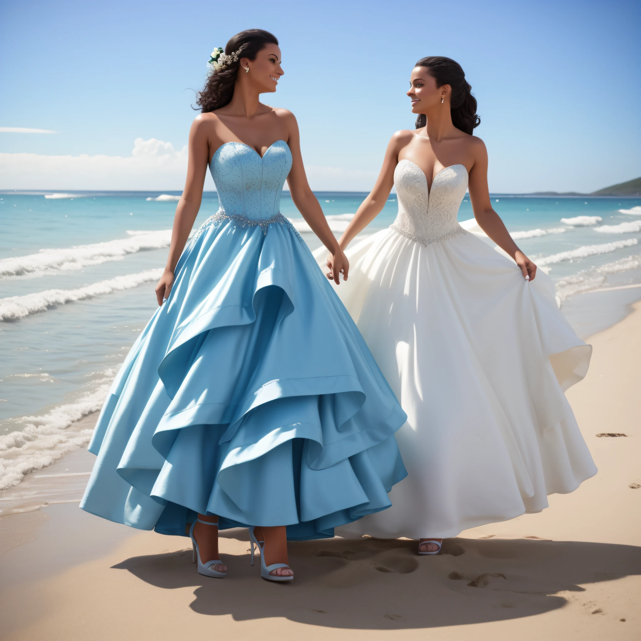 A ballgown and high heels are an interesting choice of attire for the beach