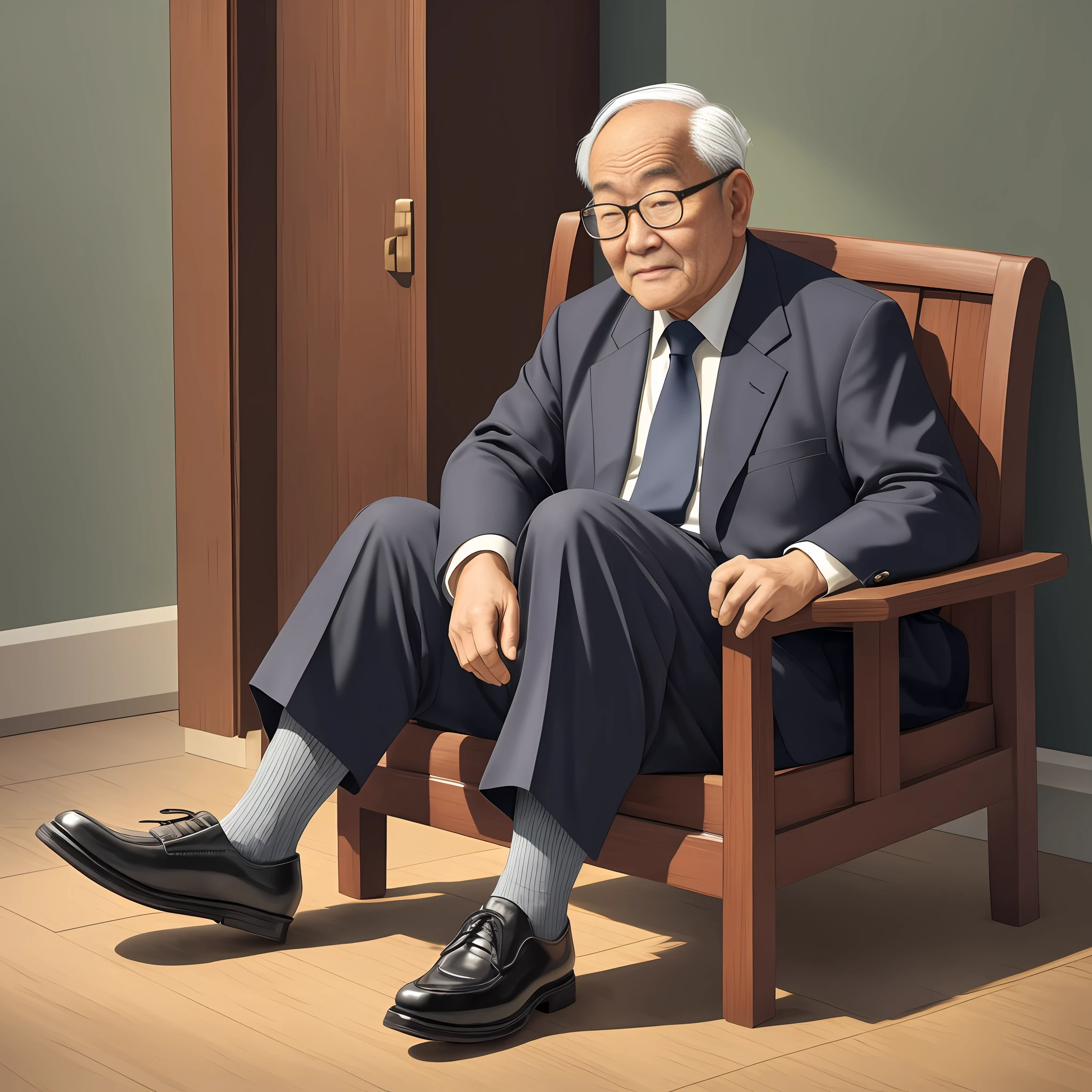 Suit Leaky ankle Black long socks Chinese old man slightly fat Elegant Kind old man Old man Old man Wearing glasses One person with two legs Old gentleman