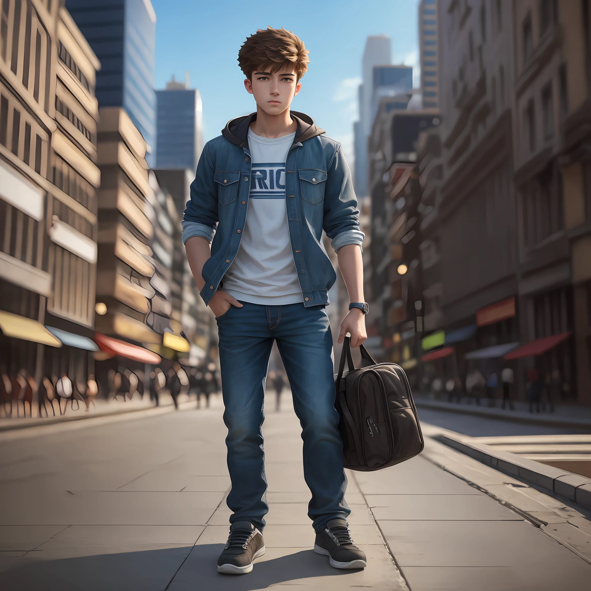 Drawing, ultra realistic, 8k, extremely detailed, in the best quality, a 17-year-old age man, standing in the background a blurred city. --auto --s2