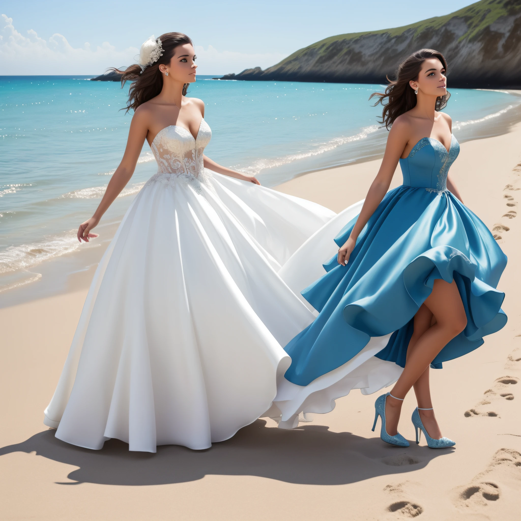 A ballgown and high heels are an interesting choice of attire for the beach