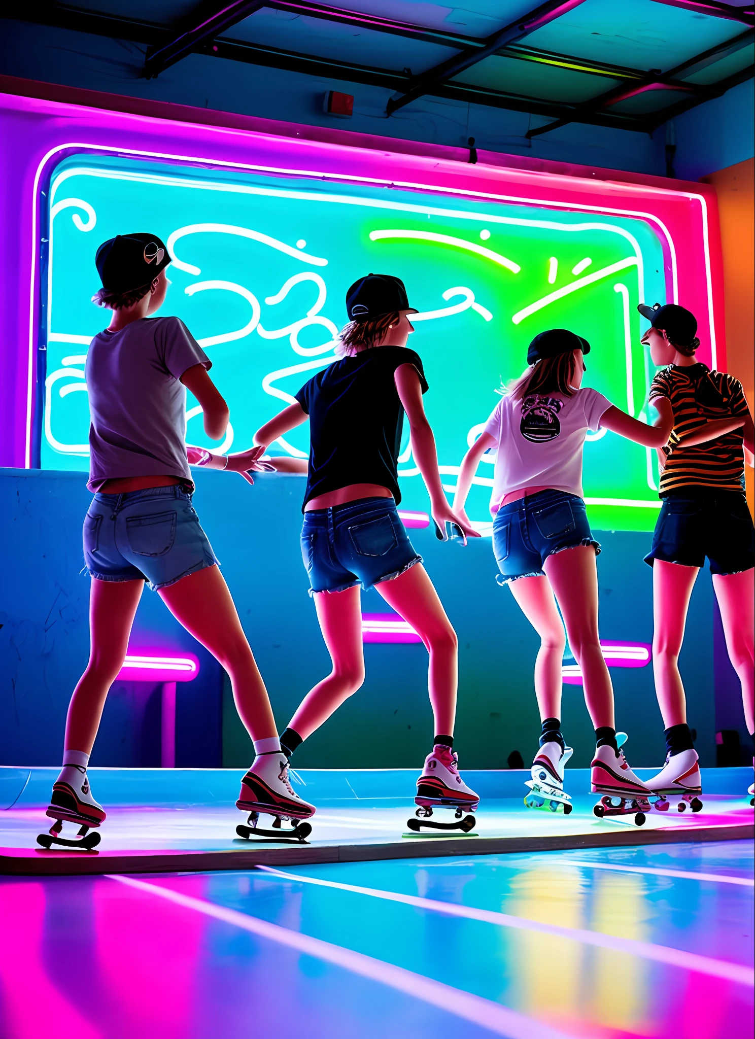 An image of a group of friends skateboarding at a retro-style skating rink, with neon lights and lively music in the background.