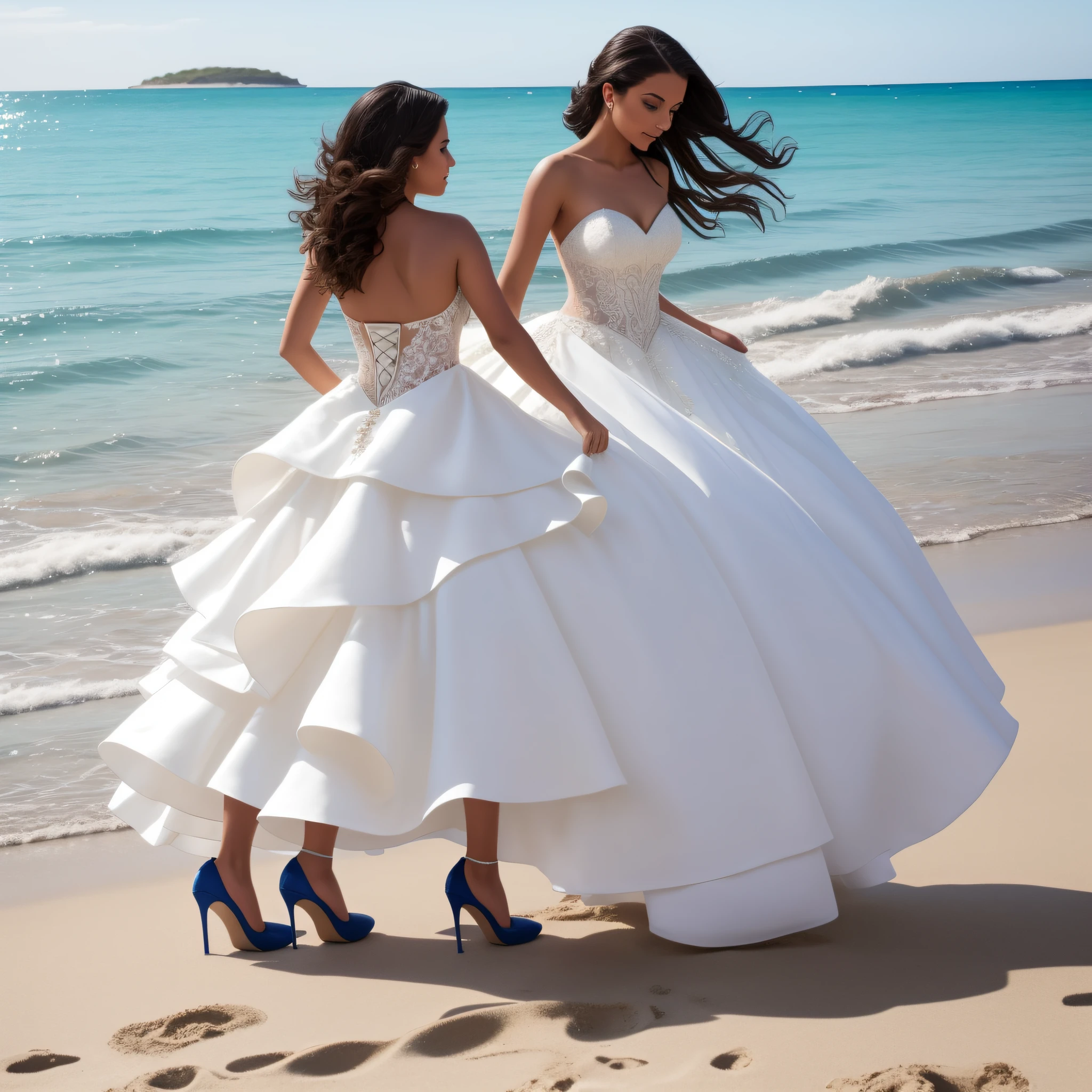 A ballgown and high heels are an interesting choice of attire for the beach