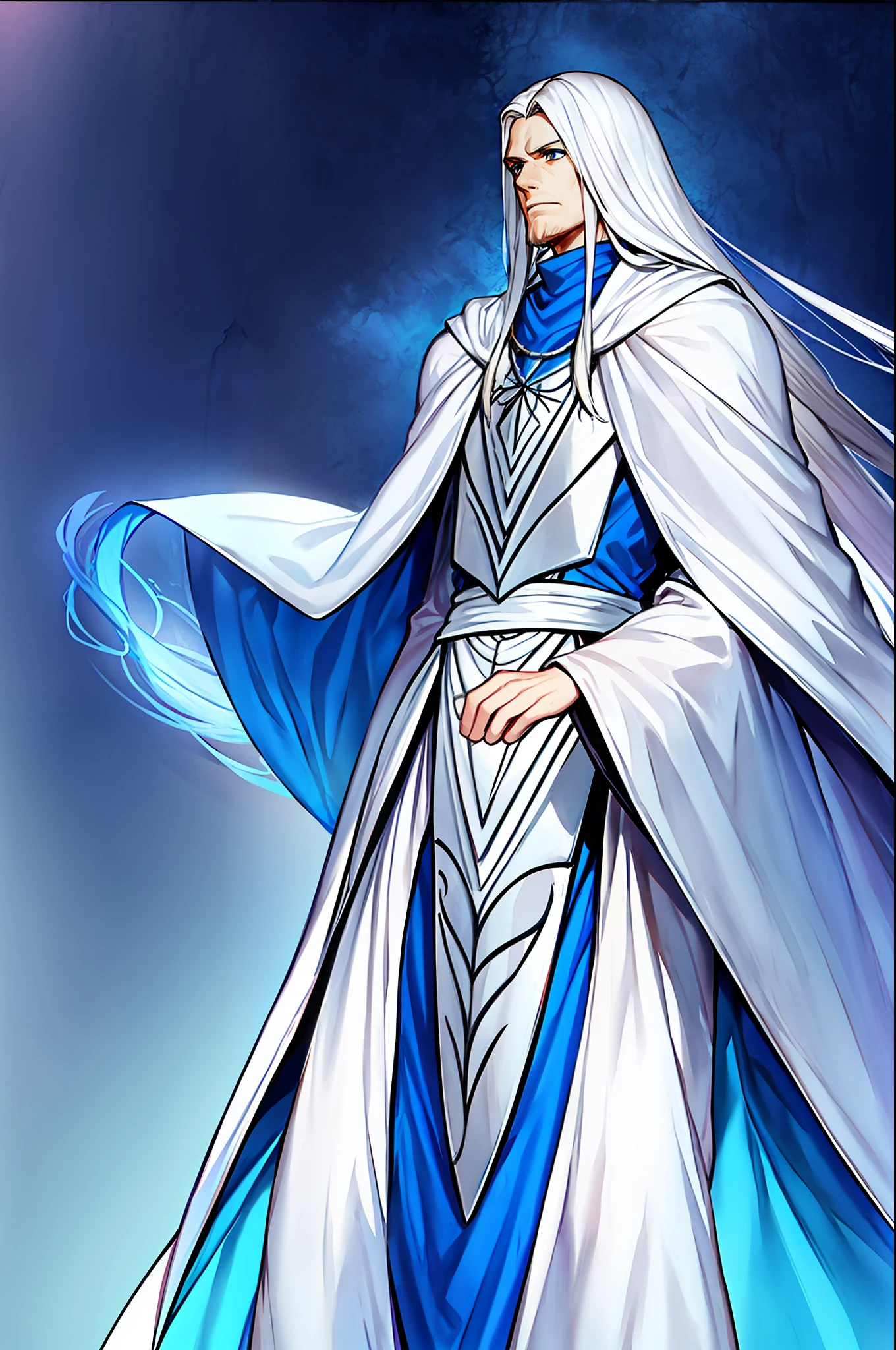 Tall man, long white blond hair, white magician's outfit, somewhat medieval soldier. He is a new order of mutant Phoenixes. Its mutation power is water. Father of saint, with a white tunic, with necklaces blue details, white beard, calm countenance, realistic image, Expressionism, relationship graph, reflection light, backlighting, UHD