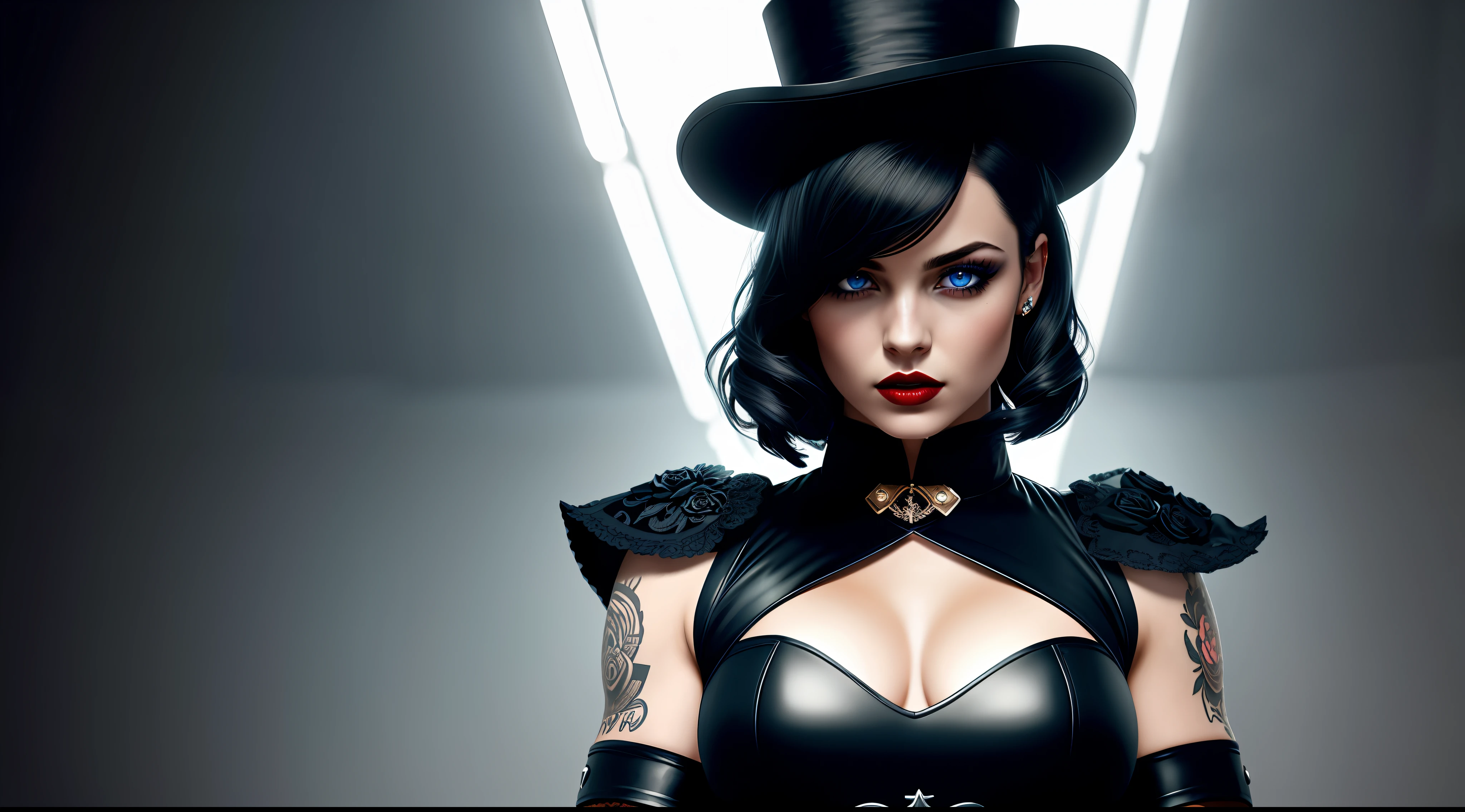 1 girl, solo, Gang leader, female, London year 1814, cloudy, athletic physique, no clothes, hollow, tattoos on the torso, matte top hat, cunning look, rough look, cinematic, 6d cannon, octane rendering, vintage aesthetic, mysterious aura, dark atmosphere, detailed face, mysterious aura, bright skin, short black hair, detailed intense blue eyes, arched eyebrows, dark makeup, full lips, deep red lipstick, full body, WLOP, 1 girl, solo, rendered in 8K resolution for high quality detail,perfect anatomy, hands with 4 fingers and 1 thumb, rendered in 8K resolution for high quality detail, 8K image quality, 8K high resolution image, hyper detailed, super realistic, intricate details