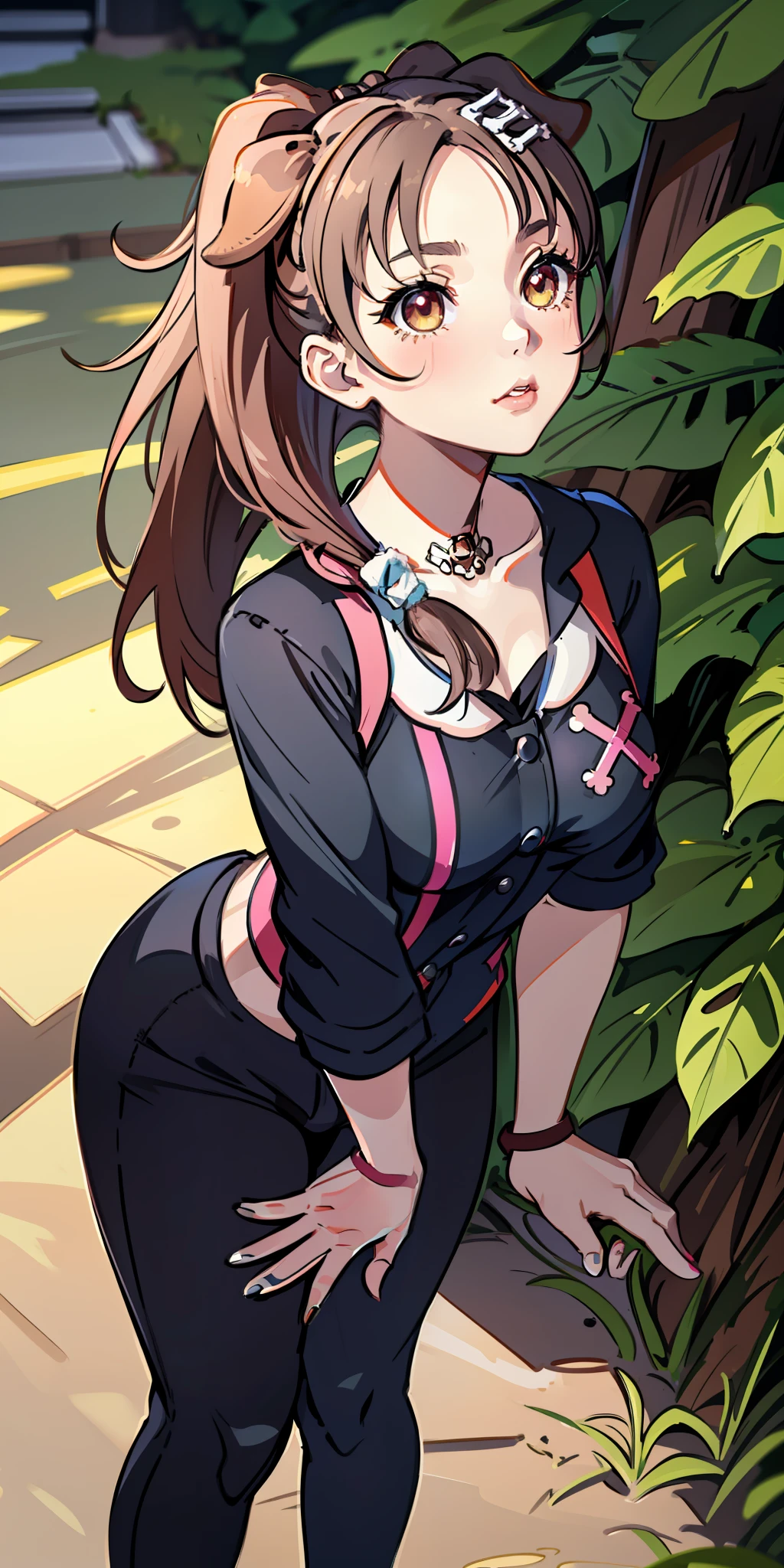 (masterpiece:1.2, best quality), (finely detailed beautiful eyes: 1.2), a girl with a brown ponytail, green eyes, big breasts, only 1 girl, age 20, black red dva jumpsuit