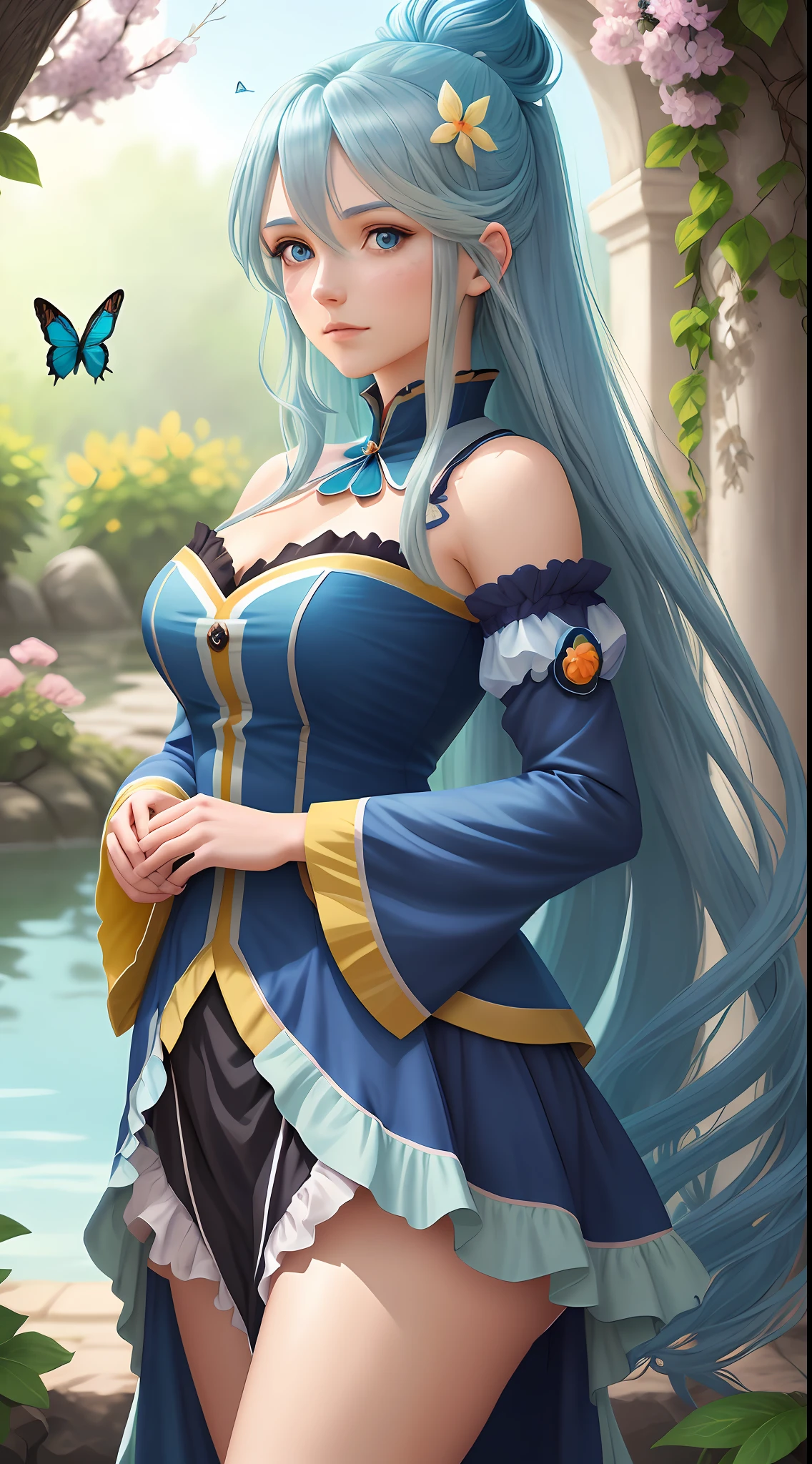 A garota_aqua_konosuba with colorful and delicate flowers on the skin, with butterflies flying through the nose, branches of plants rising through the cheekbones, delicacy, beauty, digital art, long blue hair, blue eyes, 4k, HD