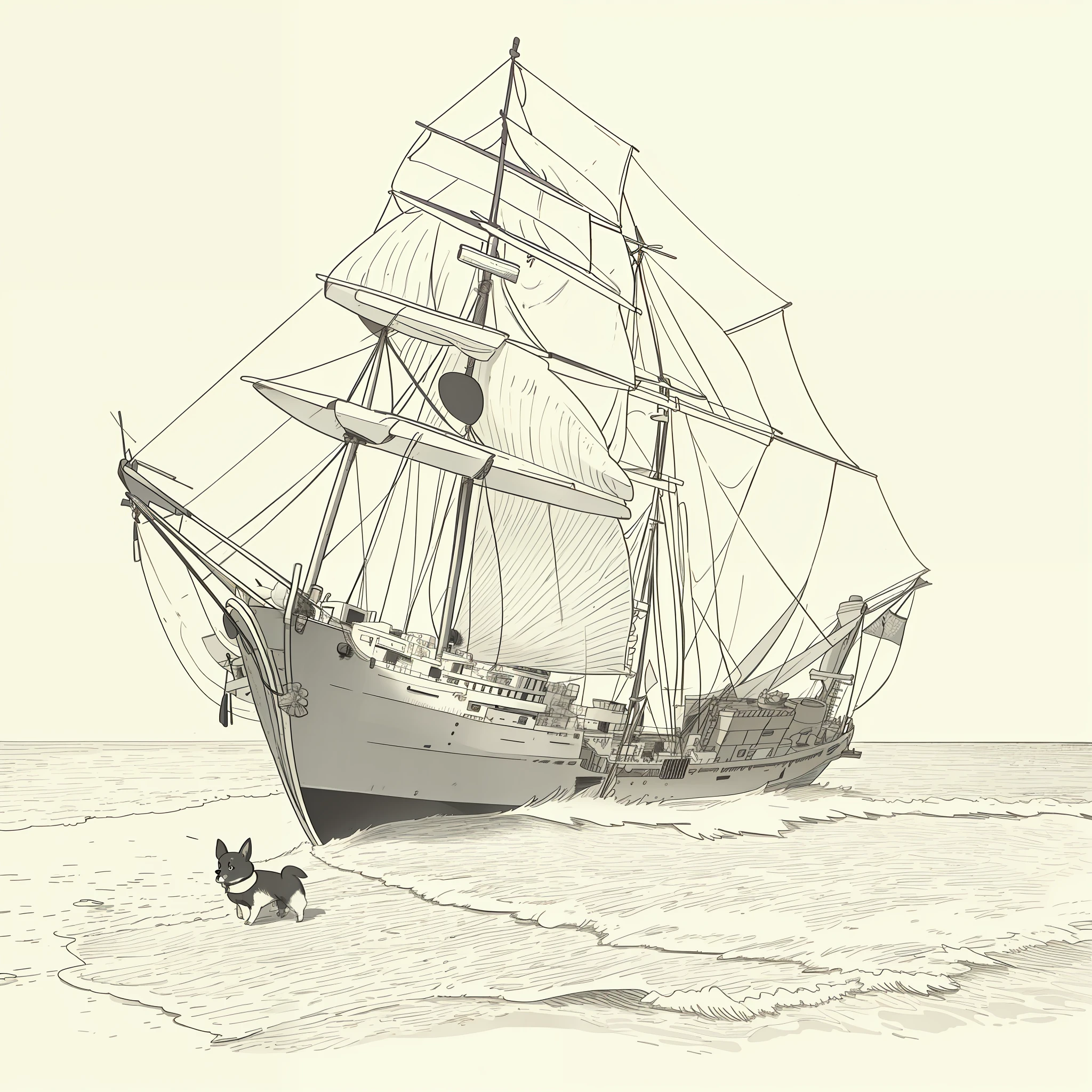 (High quality, 8k) line drawing, lineart, black and white, 1 cute and fluffy chihuahua dog in the beach with a ship