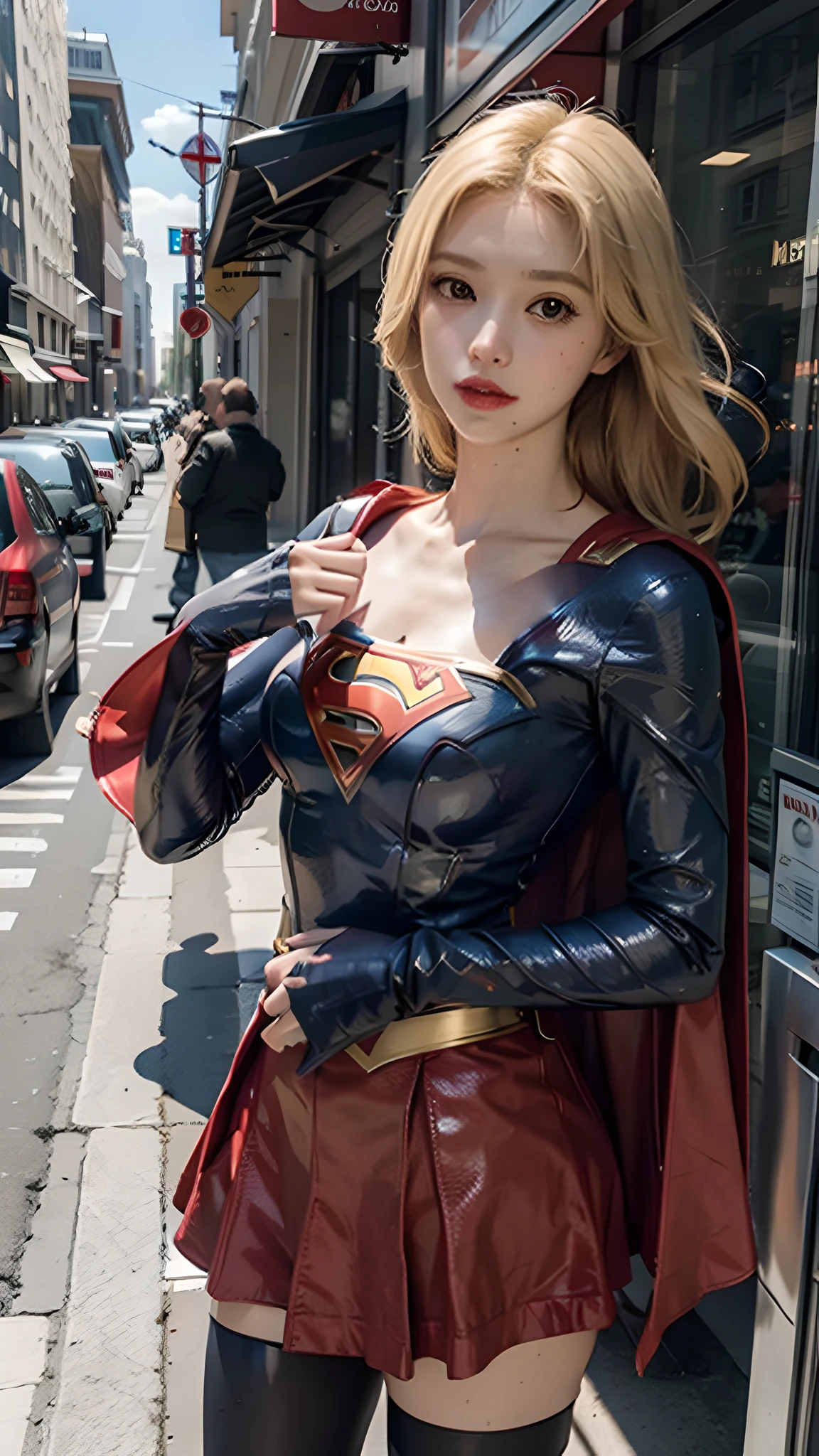 1 woman, Supergirl costume dress, medium breasts, blonde, daytime city