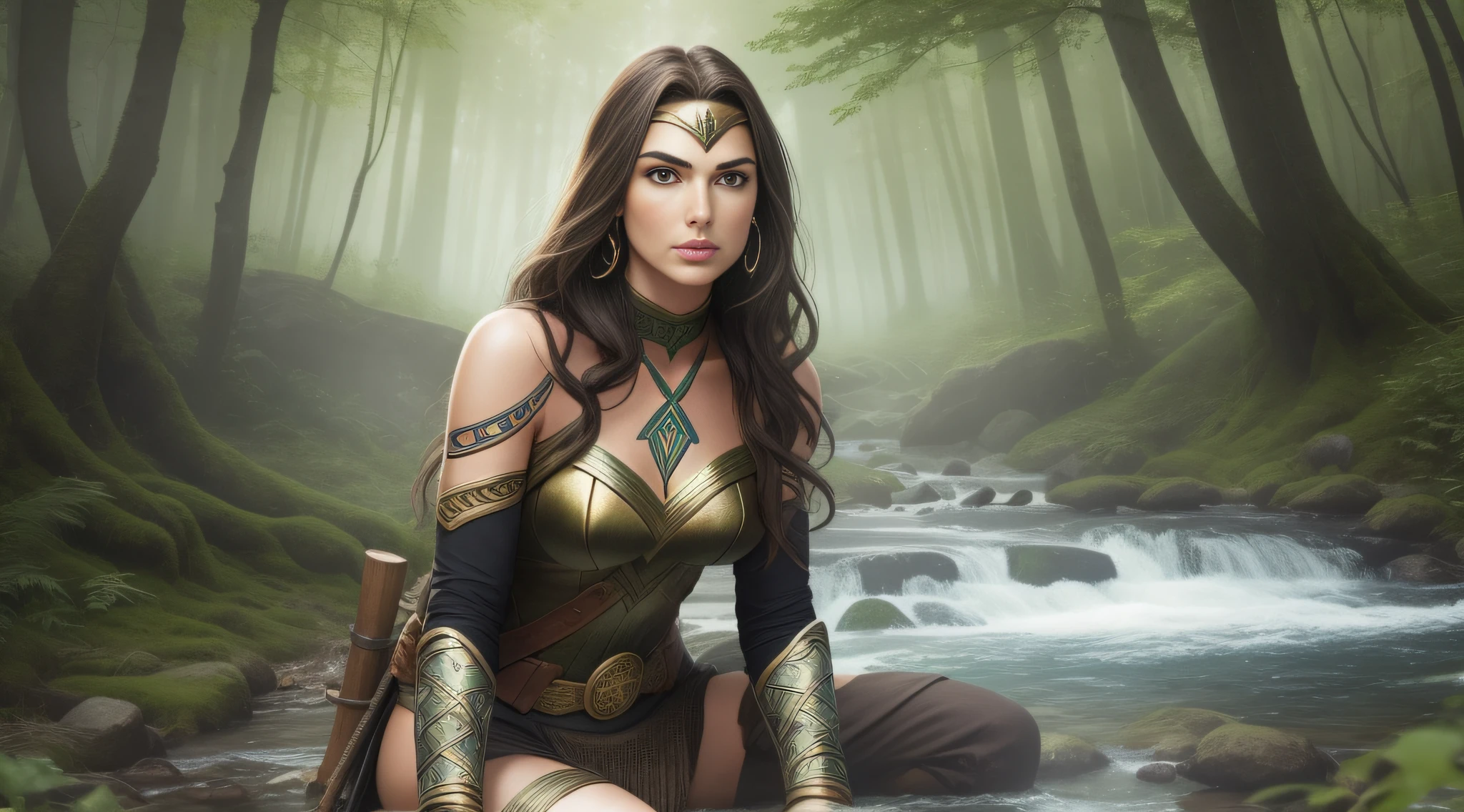 Perfect face, Gal Gadot is a very beautiful woman, a Viking warrior sitting near a fire at dawn in the middle of a forest on the edge of a stream, the vegetation is green and the lights pass through the leaves of the trees, a soft mist covers the environment, white and gold clothes and black details, Celtic tattoos for the body. Cartoon style, colorful, two-dimensional