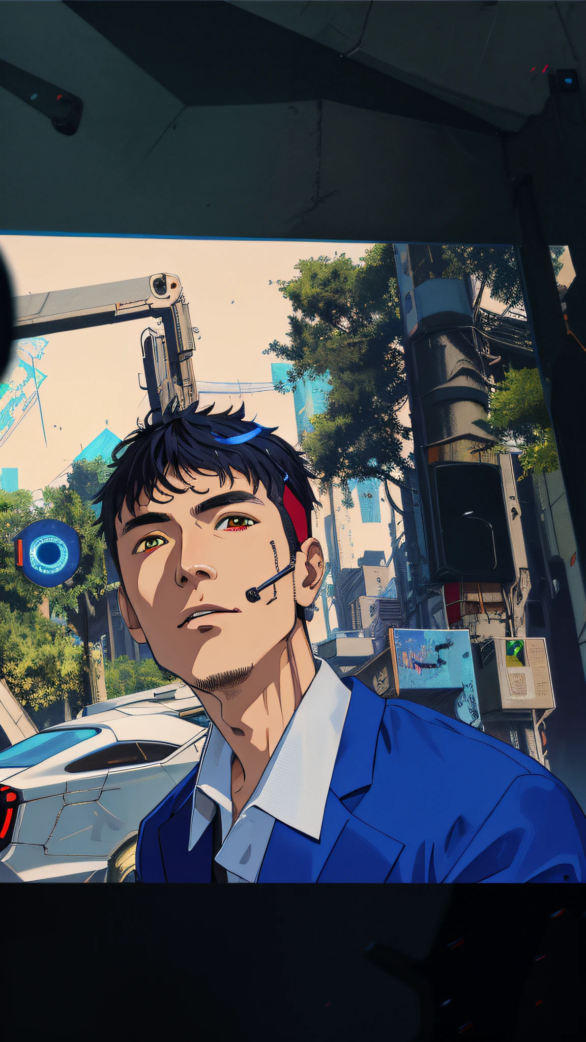Masterpiece, highest quality, face remastered with original drawing, boy, head up, confidence, extreme detail, mechanical eyes, eye extreme detail, cyberpunk background, cyberpunk light, nvidia rendering