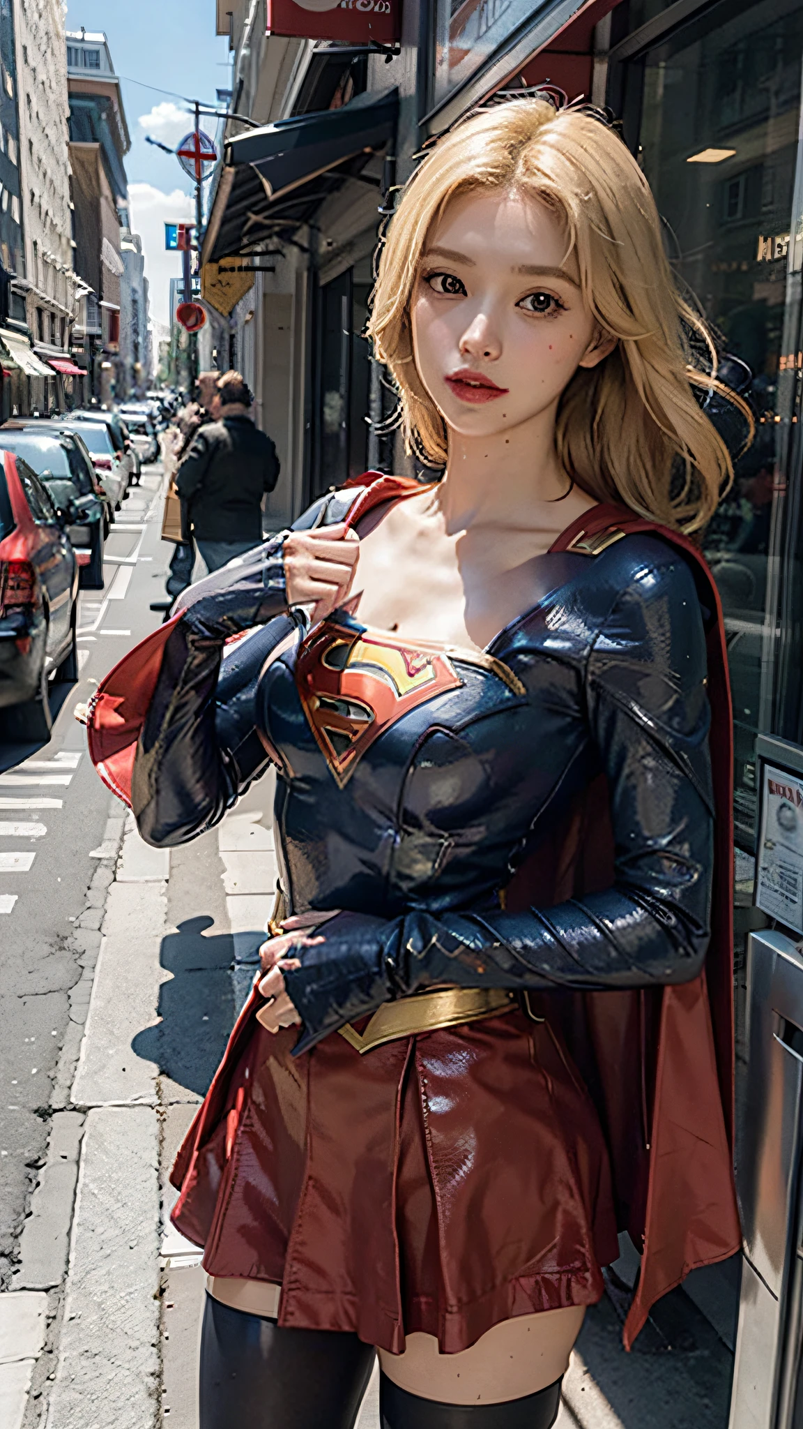 1 woman, Supergirl costume dress, medium breasts, blonde, daytime city