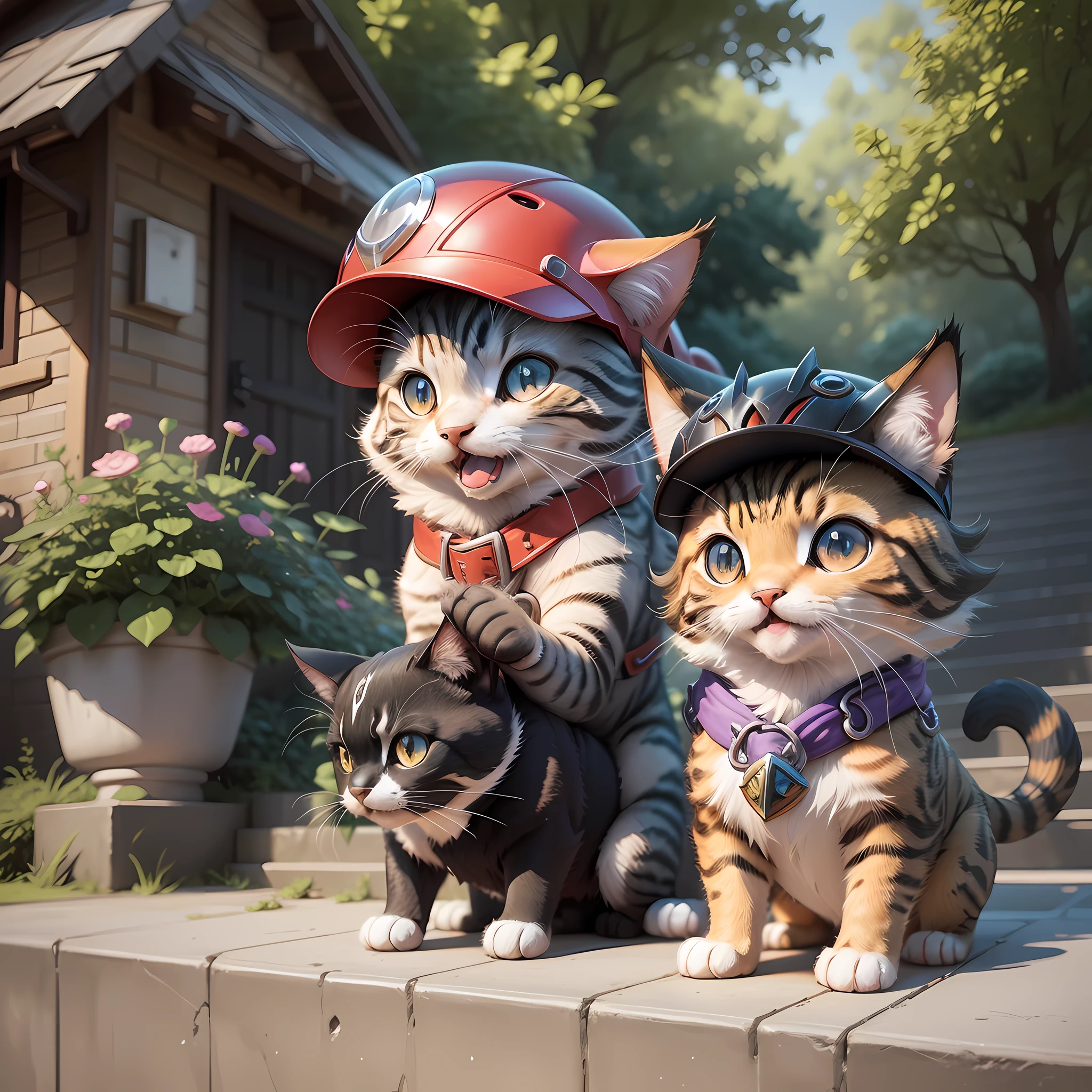 There are 2 cat with a helmet sitting on a step, adorable digital paint, beautiful detailed digital art, official 3D render art, pokemon illustration, from League of Legends, beautiful 3D render, highly detailed official art, stylized 3D render, Vanillaware art, 3D stylized render, vivy, trend in Polycount,with another pokemo on top of it with smiling and with power razed red red pulled by purple, holding with one hand guase falling but flying --auto --s2