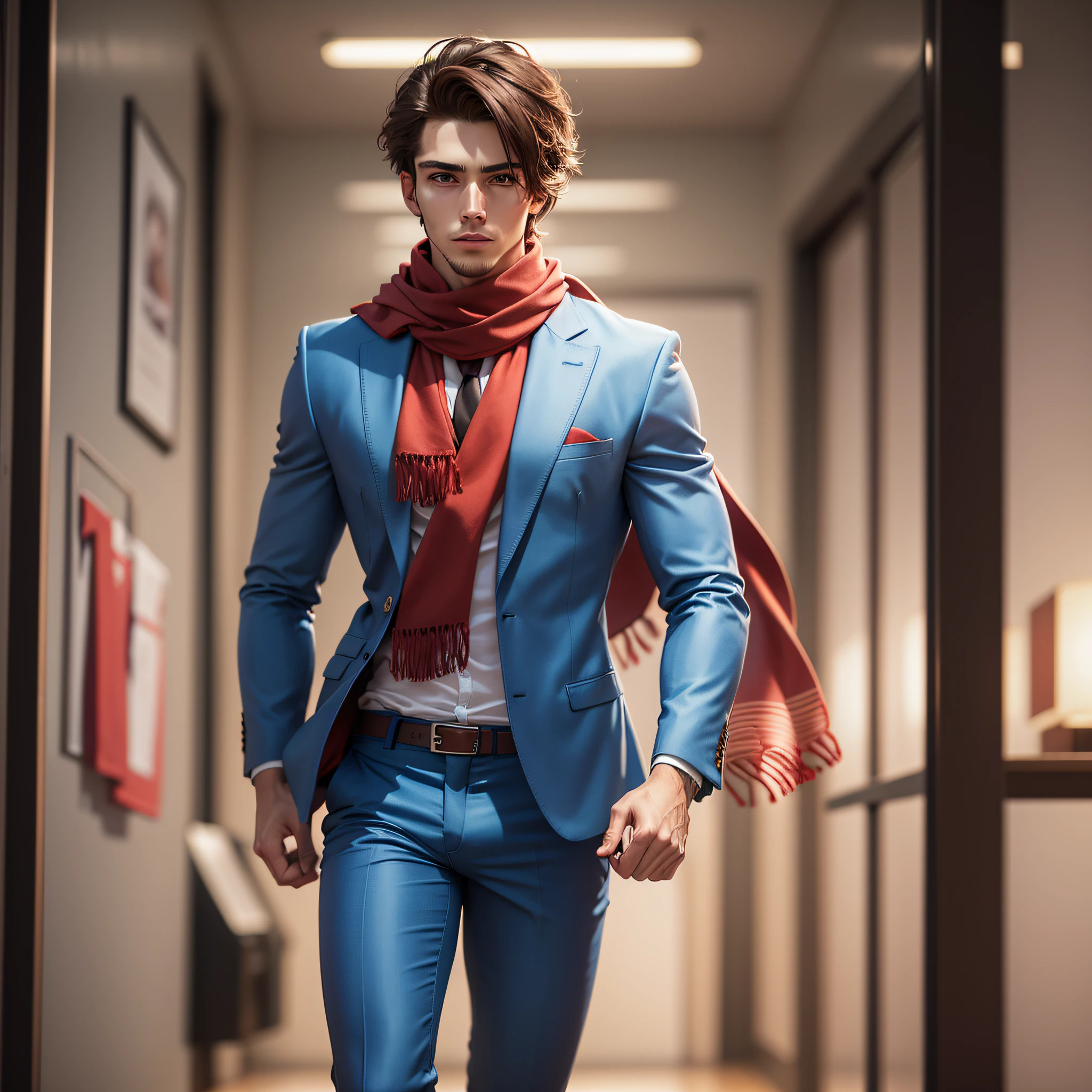 Fit guy. 22 years old, dressed with ((blazer and blue pants and red scarf on the neck)), sharp chin, photography, raw photo, masterpiece, extremely detailed photo, DSLR, photorealistic 1.4, ultra hi res, best quality, full body image, tall, toned, busty, brown hair, shoulder-length hair, pink lip, athletic top, making studio presentation. --auto --s2
