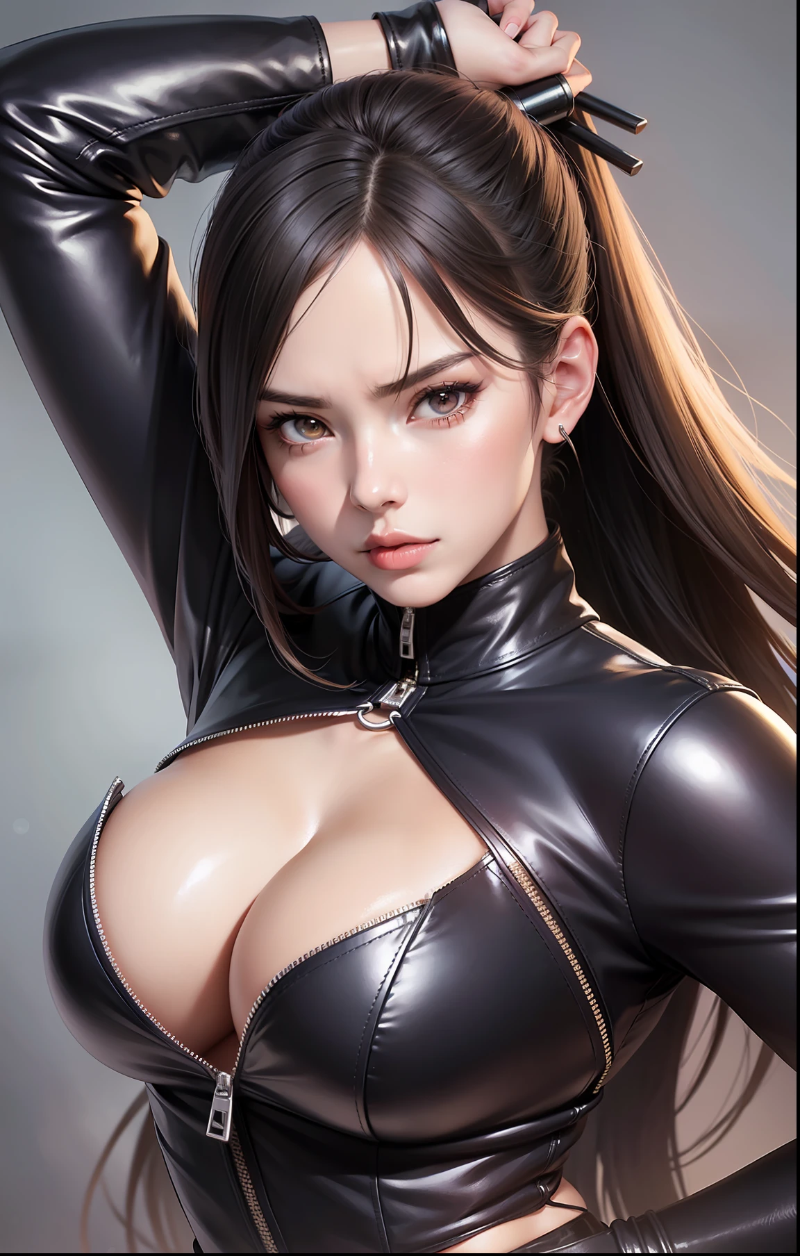Anime style woman with leather/latex top with zipper, open zipper, posing for a photo, from the waist up, long straight hair, serious face, seen from above, looking from above, highlight large breasts (oppai) highlighted, marking the top, no lingerie, does not wear lingerie, generous and tasty neckline, extremely detailed artgerm, model IG | Artgerm, Artgerm. High detail, Artgerm detailed, Artgerm in Artstation Pixiv, Artgerm. Anime illustration, artgerm portrait, artgerm style, artgerm 4 k, artgerm and rossdraw