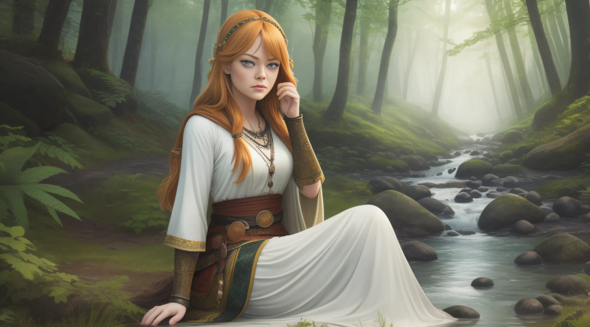 Perfect face, Emma Stone is a very beautiful woman, a Viking warrior sitting near a fire at dawn in the middle of a forest on the edge of a stream, the vegetation is green and the lights pass through the leaves of the trees, a soft mist covers the environment, white and gold clothes and black details, Celtic tattoos for the body. Cartoon style, colorful, two-dimensional