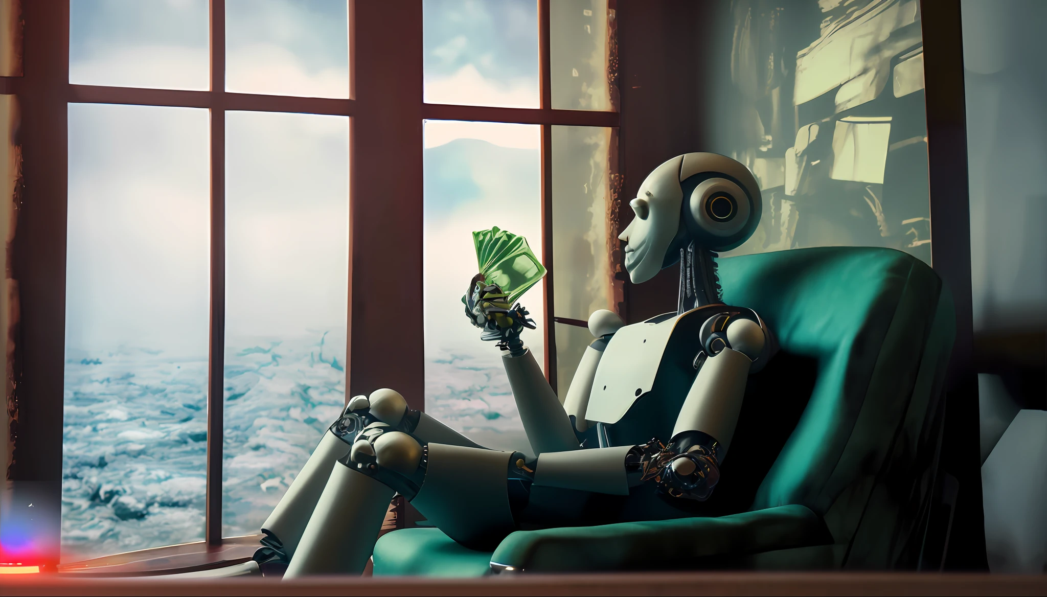 there is a robot sitting in a chair holding a fan, close-up of a robot sitting down, a still life of a robot, portrait of a futuristic robot, pathetic robot, portrait of a robot, portrait of a starving ai artist, strong artificial intelligence, a portrait of an android, portrait of an ai, humanoid robot, portrait of a cyberpunk machine