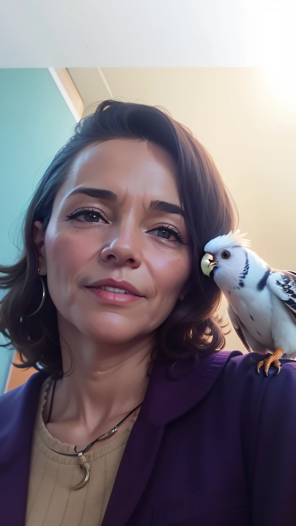 50-year-old woman with Cockatiel on her shoulder --auto --s2