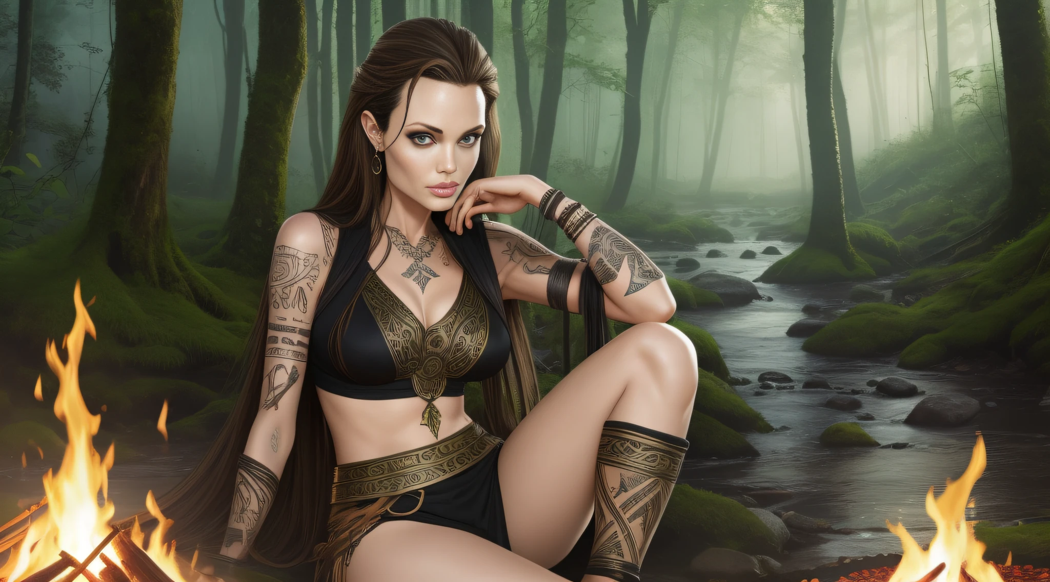 Perfect face, Angelina Jolie is a very beautiful woman, a Viking warrior sitting near a fire at dawn in the middle of a forest on the edge of a stream, the vegetation is green and the lights pass through the leaves of the trees, a soft mist covers the environment, white and gold clothes and black details, Celtic tattoos for the body. Cartoon style, colorful, two-dimensional