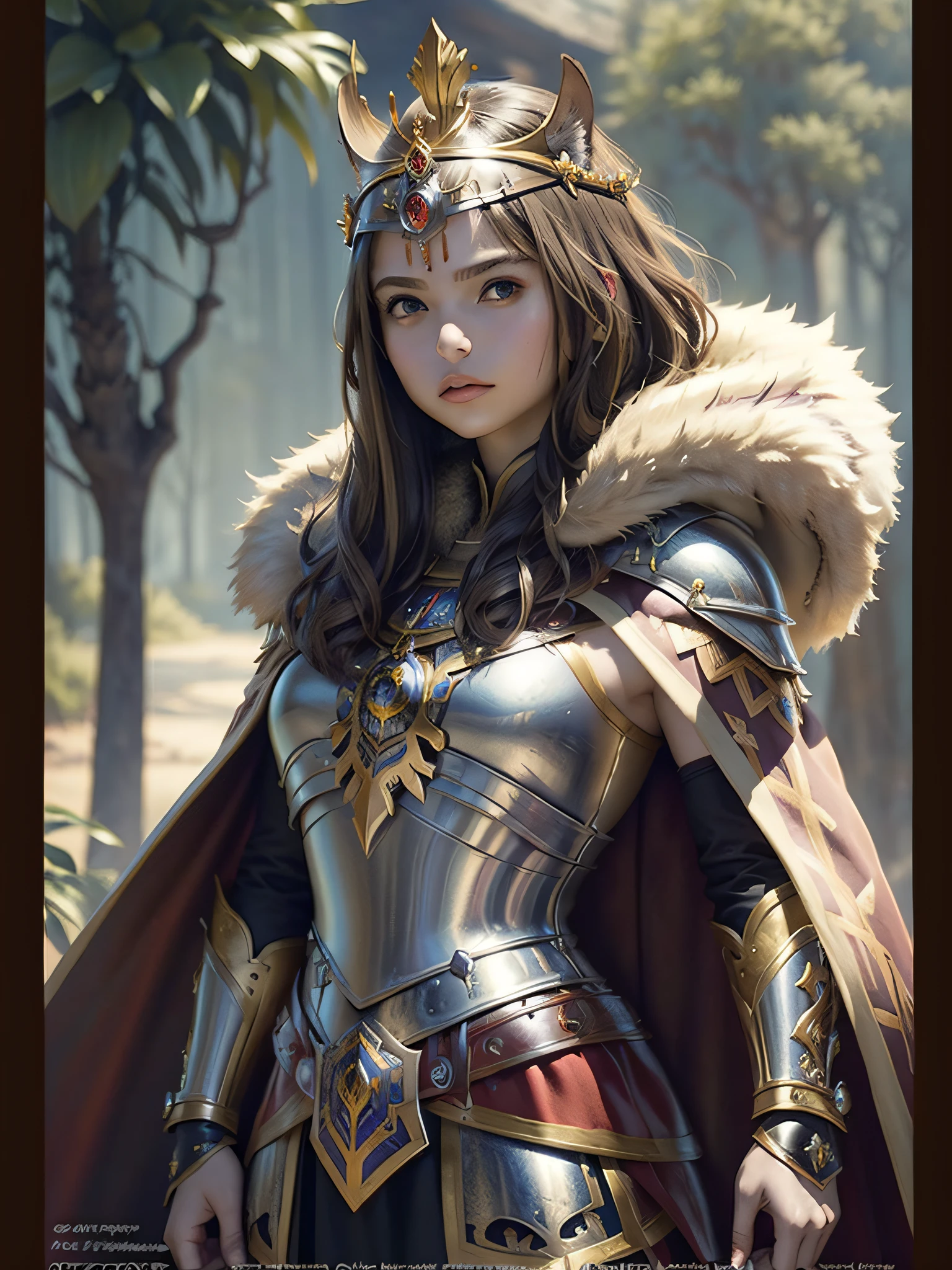 (masterpiece, top quality, best quality, official art, beautiful and aesthetic:1.2), (1girl), (warrior queen armor, fur-lined cape, jeweled crown:1.2),serious