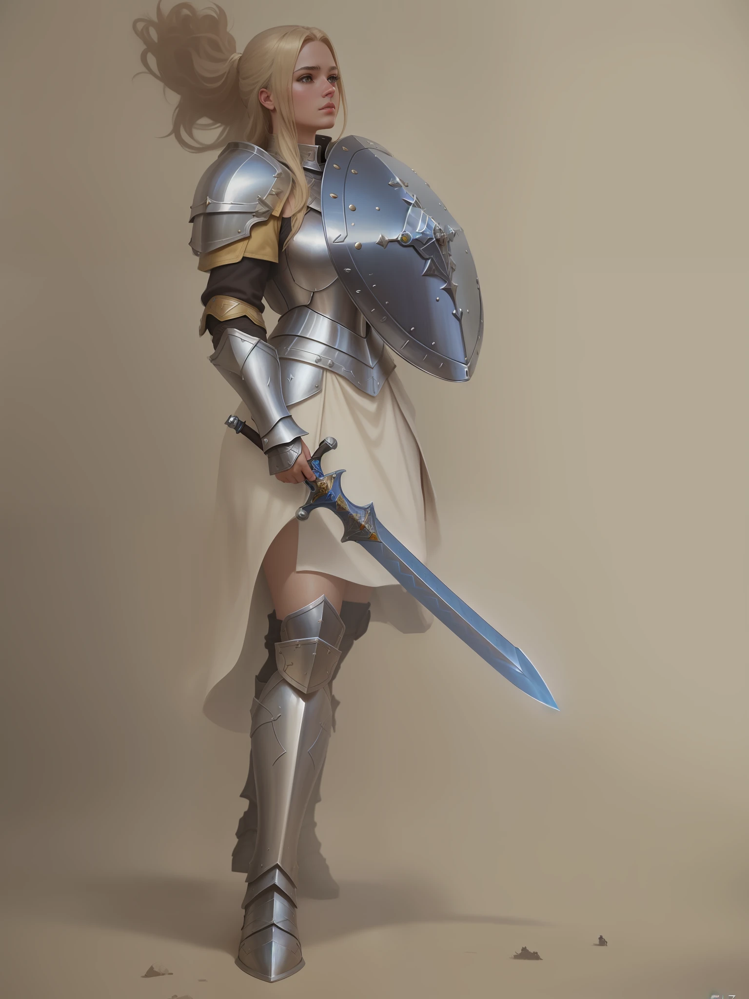 cinematic composition, super-detailed, realistic, paladin girl, sword, shield, (((medieval armor: 1.7))), boots on feet, artstation trends