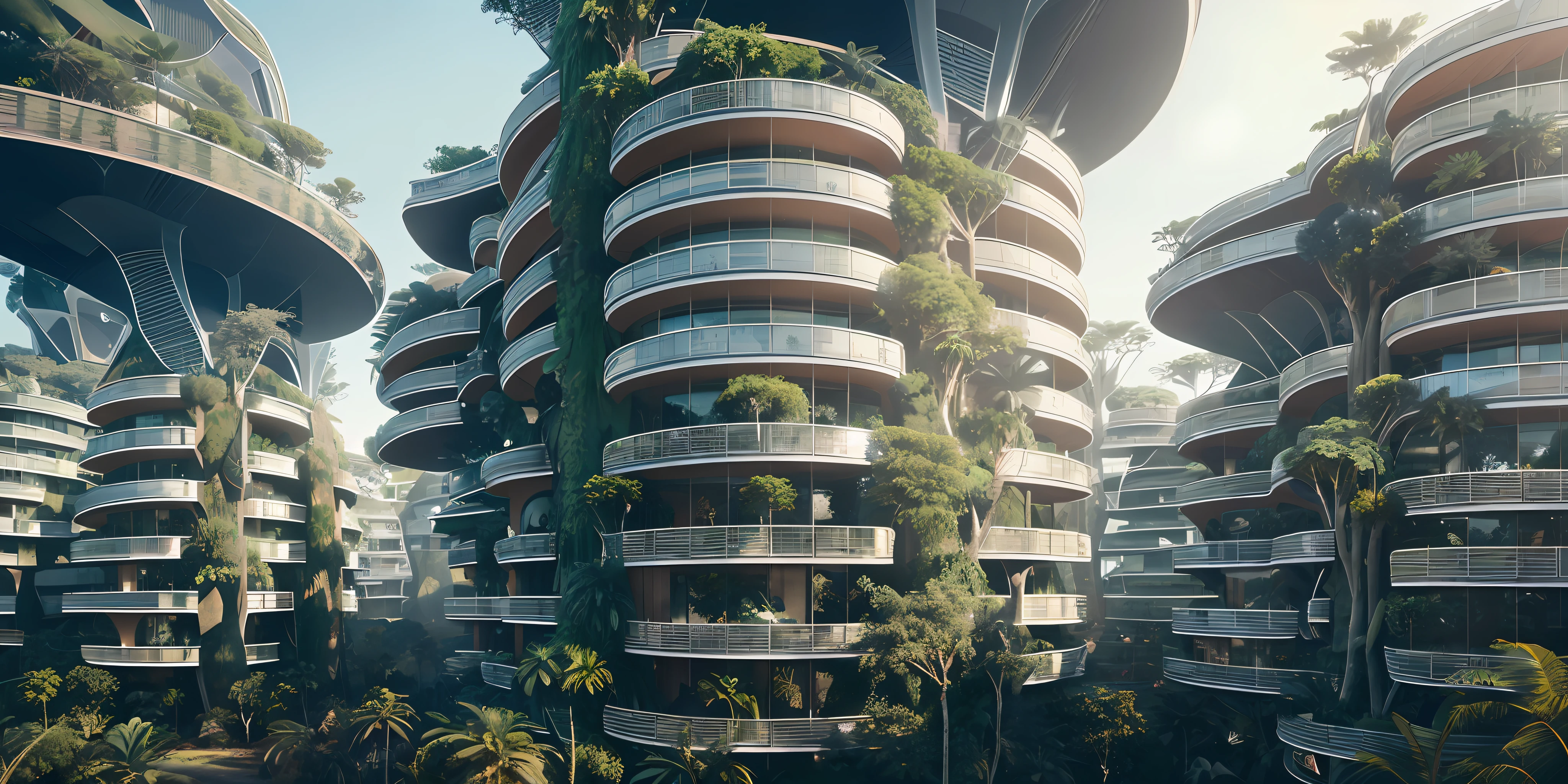 trees are growing on the sides of the buildings in the forest, city buildings on top of trees, 8k matte painting, 8 k matte painting, extravagant matte painting, 4 k matte painting, high quality matte painting, tribe huts in the jungle, cyberpunk tree house, 3 d render and matte painting, utopian jungle in space, organic matte painting