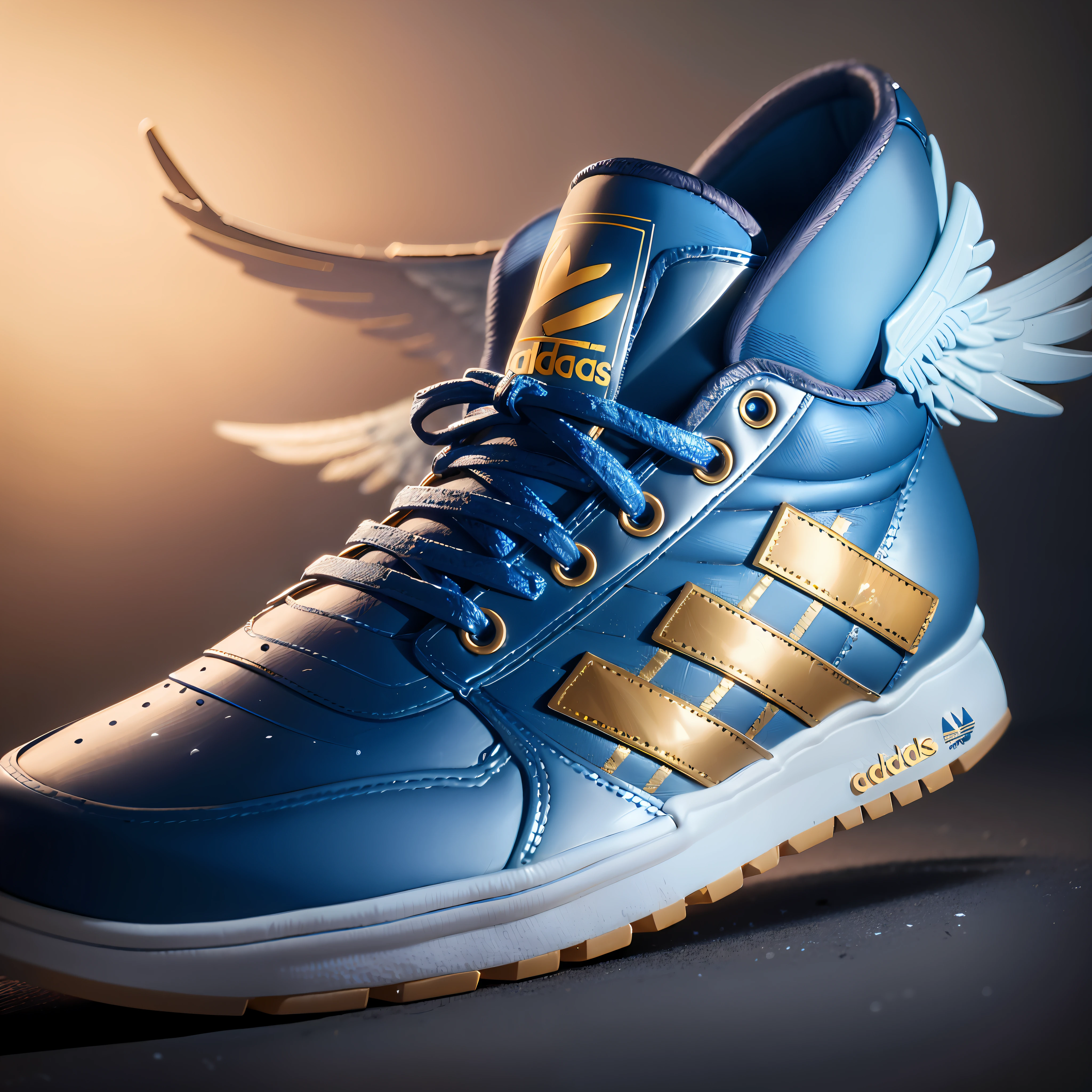 a close up of a pair of blue and gold sneakers with wings, gold wings, golden wings, addidas, closeup shot, sneaker photo, closeup portrait shot, edited, high angle close up shot, wings, by Jakob Gauermann, with wings. ultra-detailed, blue and gold, majestic wings, close up. macro. hyper realistic