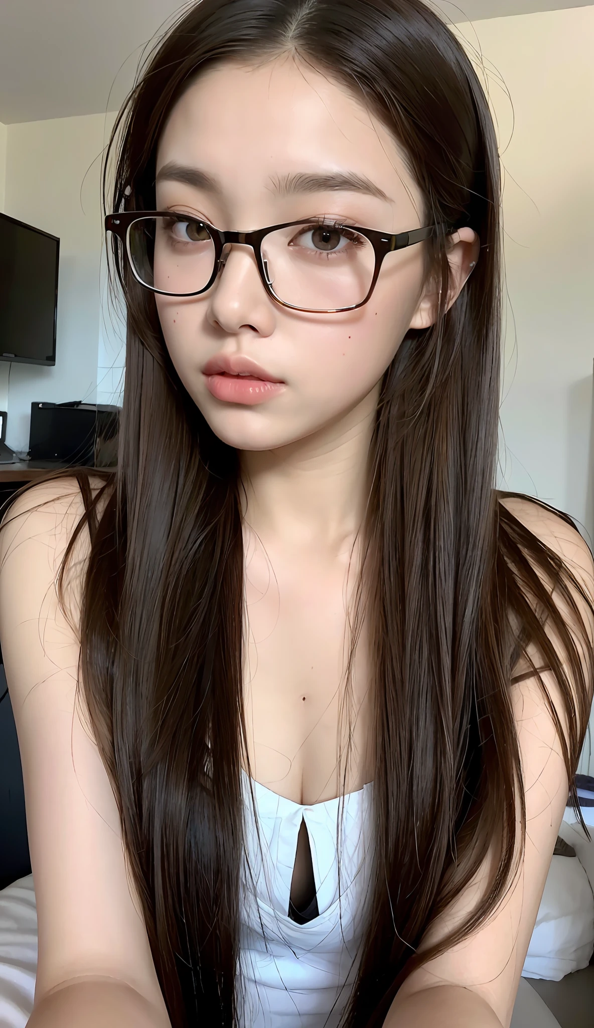 (beautiful and perfect face with fine detail), 14-year-old woman, (beautiful eyes drawn in fine detail: 1.1), (thick lower lip), (8k eyes and pupils), glasses with red frame, lying down, brunette long hair, (photorealistic: 1.4), masterpiece, super quality, insanely detailed, (ultra high definition), bedroom, Japan person, sharp focus, small breasts