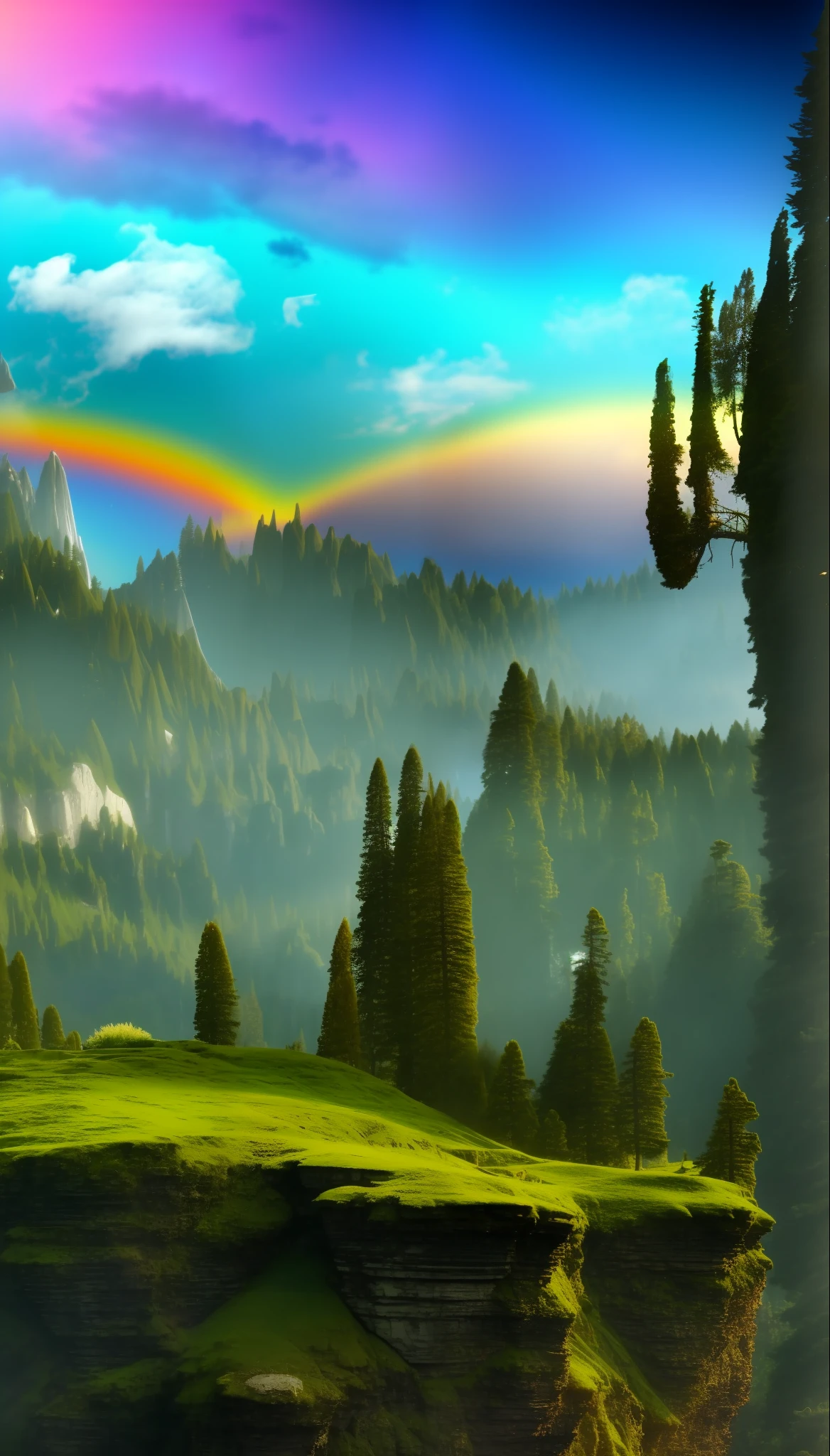 a beautiful and magnificent land scape of a extraterrestrial planet populate by a rainbown of strange but armoniuous creatures and plants