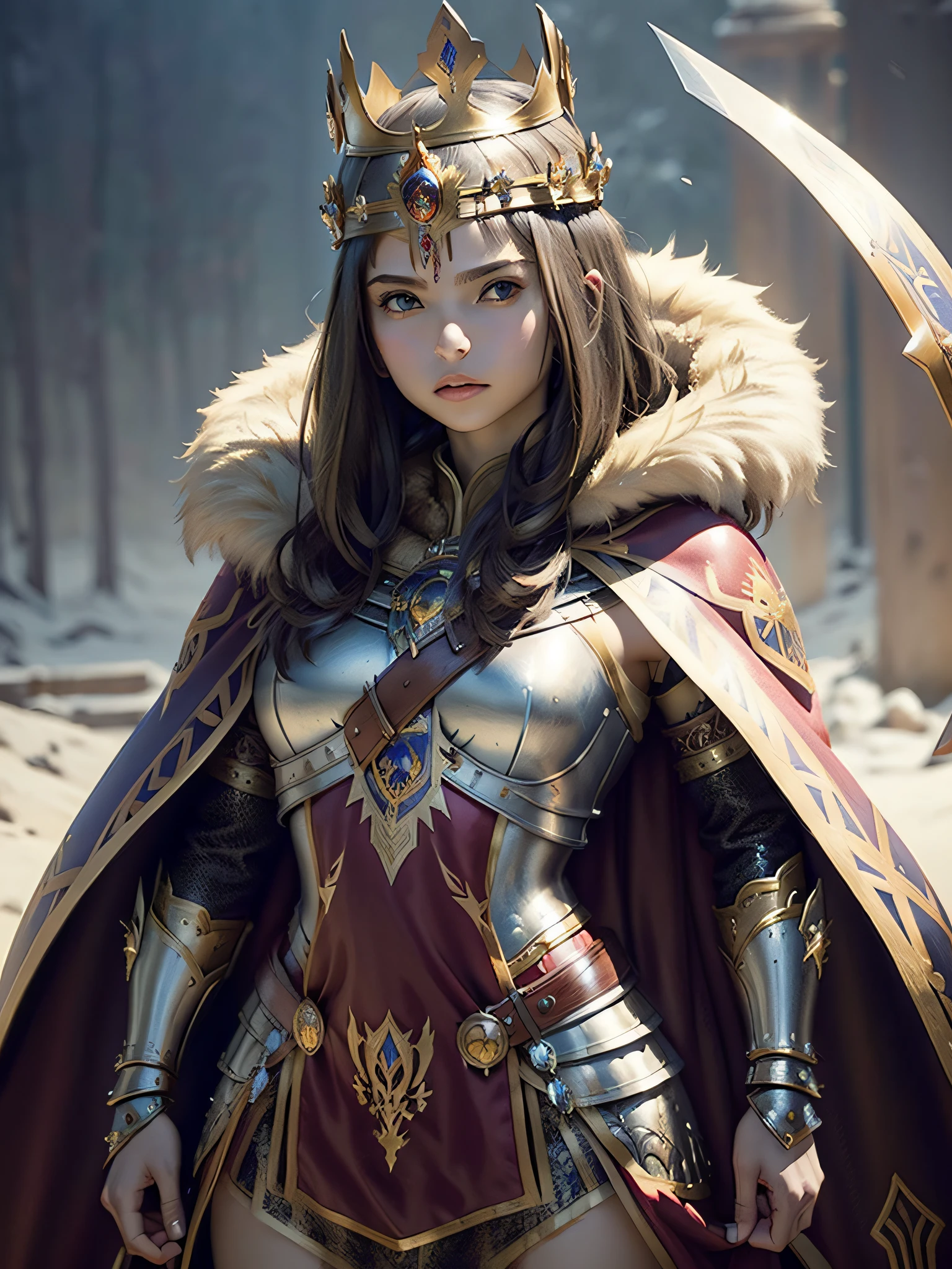 (masterpiece, top quality, best quality, official art, beautiful and aesthetic:1.2), (1girl), (warrior queen armor, fur-lined cape, jeweled crown:1.2),serious