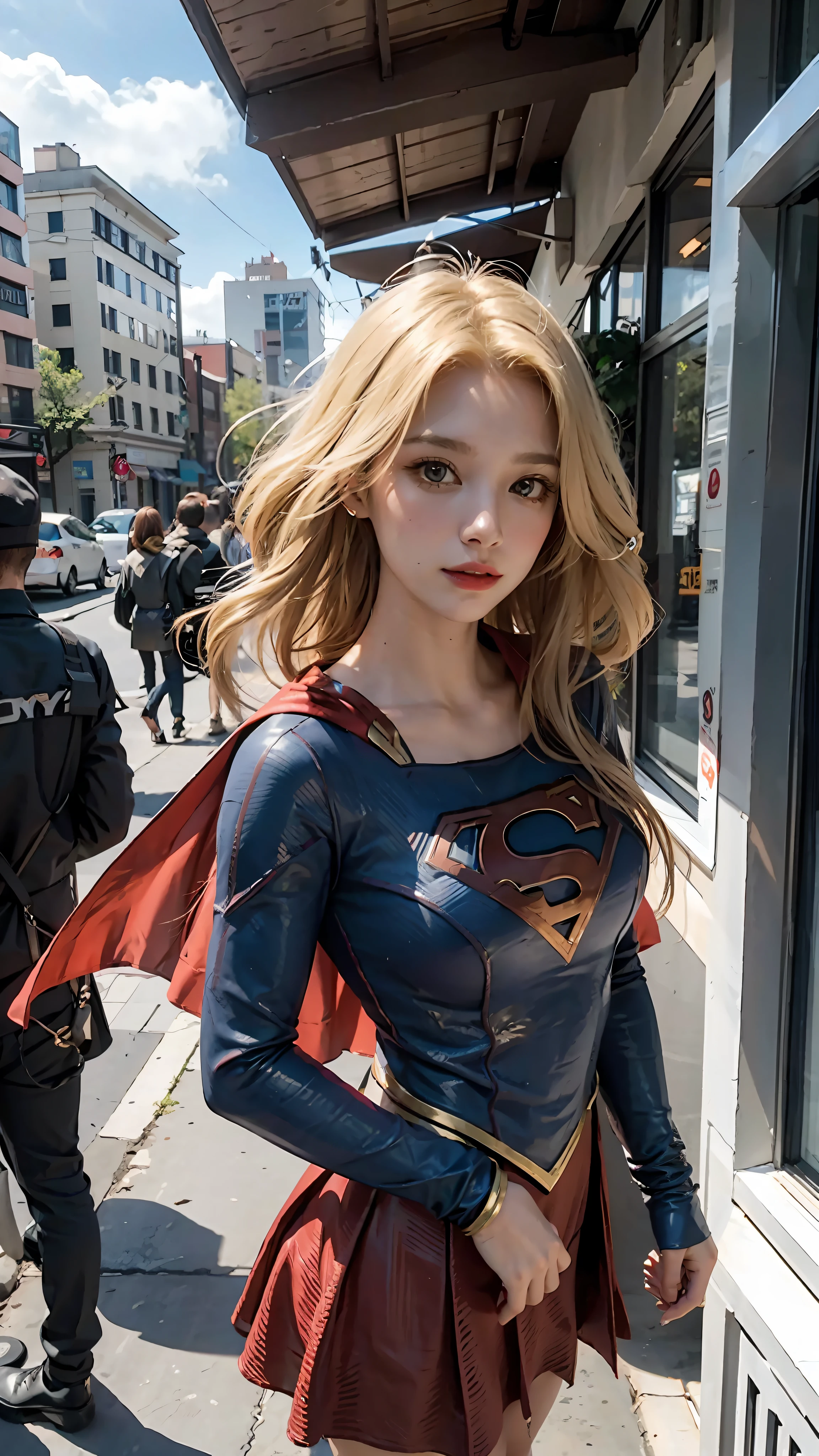 1 woman, Supergirl costume dress, medium breasts, blonde, daytime city