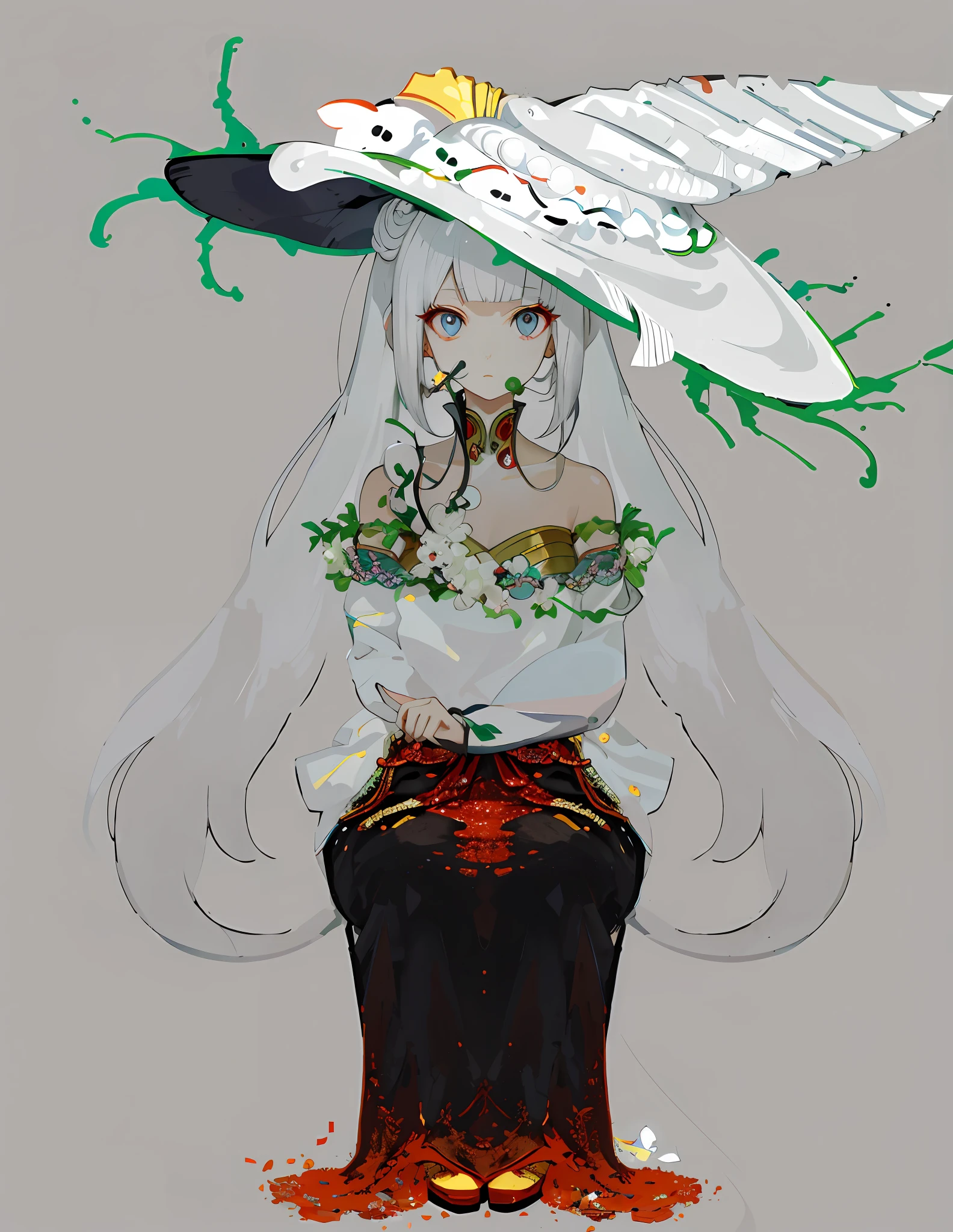 Best quality, super high resolution, super fine face and eyes, female, sitting, palace guard, long inner curls, yokai, white hair, pearl conch hat, erosion