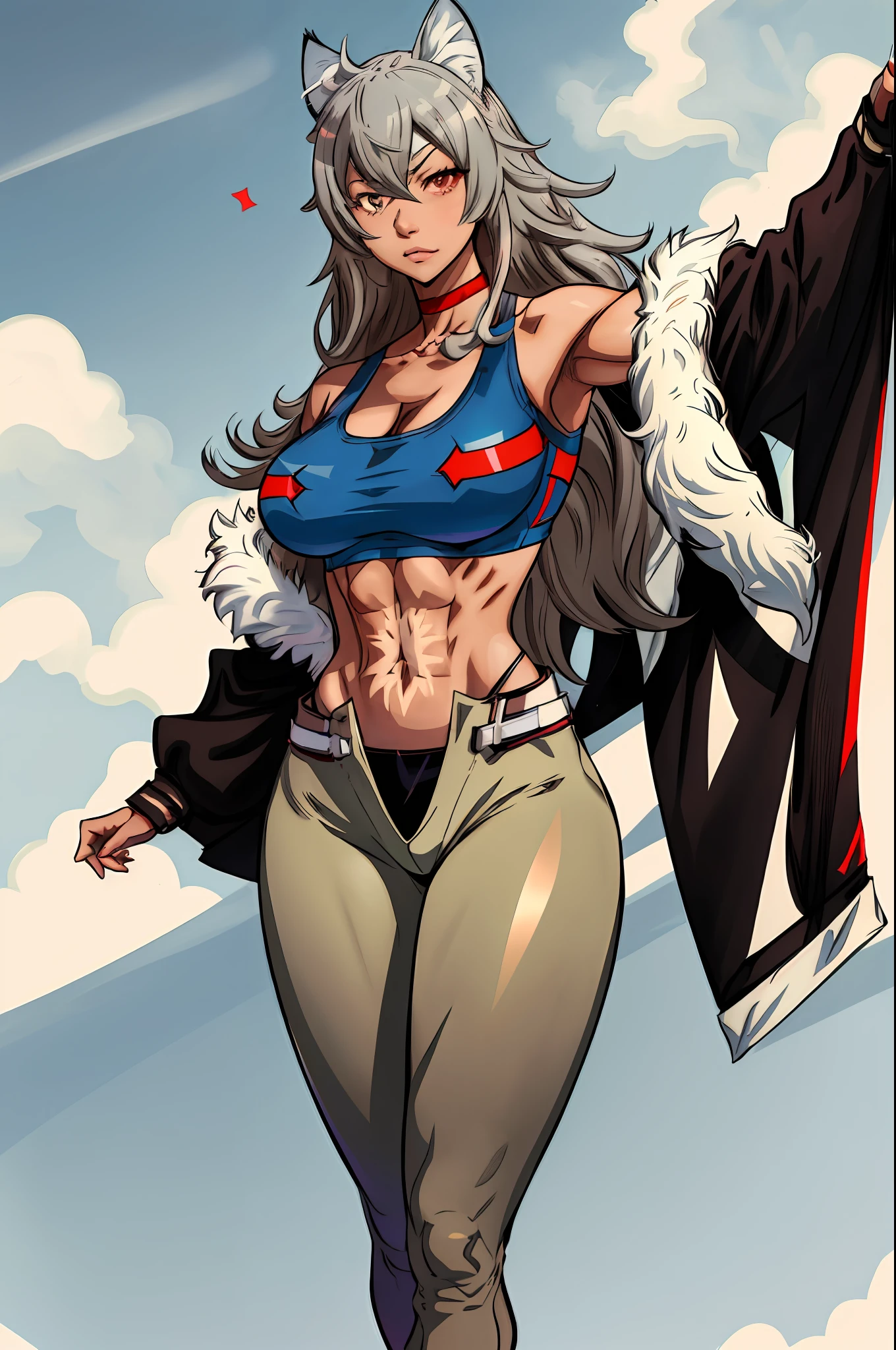 1girl, highres, sharp focus, pixiv masterpiece, ((intricate details)), highly detailed, one eye, detailed eyes, brown skin, gray hair, cat ears, muscular, costume: sportswear, leggings, sports bra, joy ride style, ilya kuvshinov,Anime Moe Artstyle, female anime character, anime character, clothes in red and blue colors,