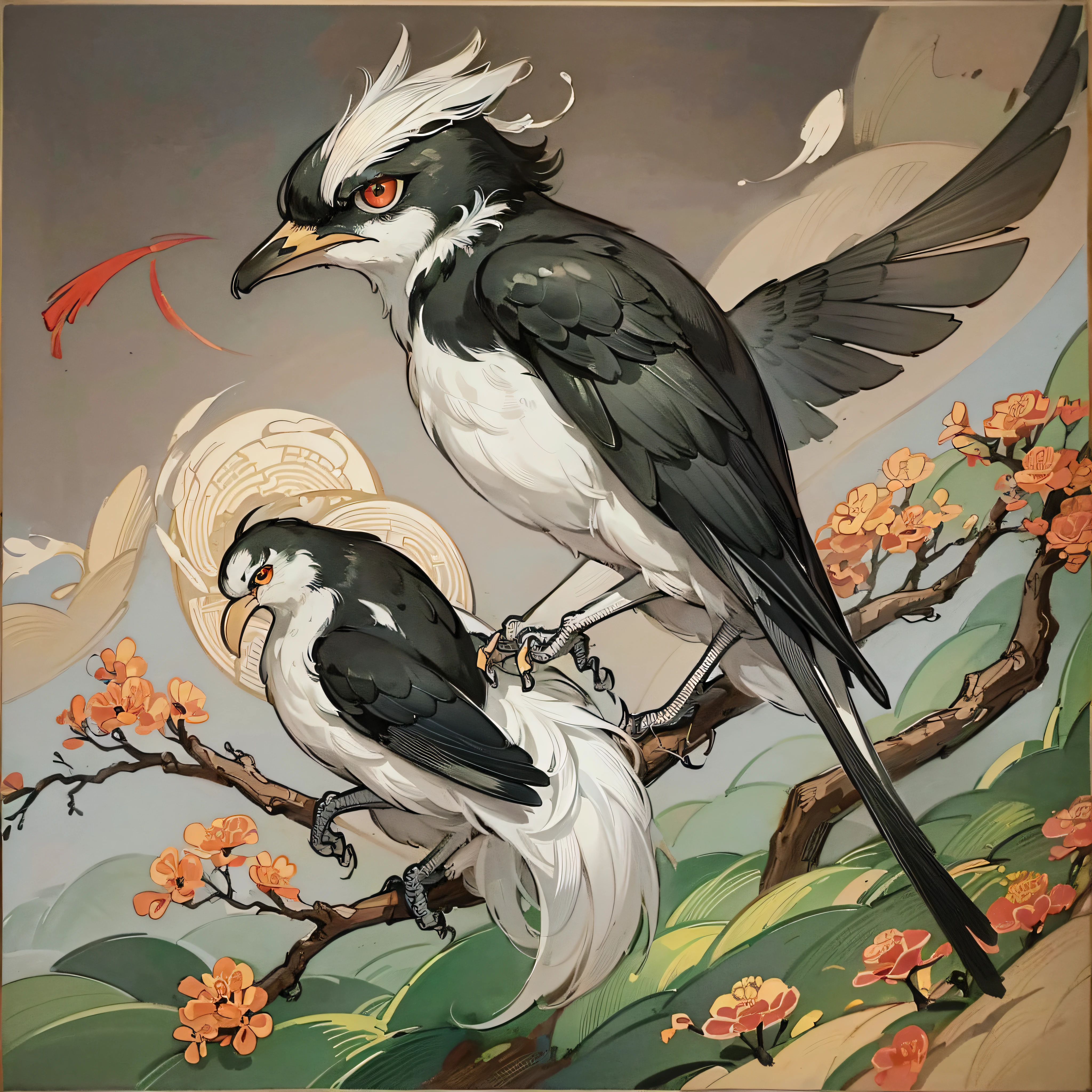 (Magpie painting on a branch, landscape painting in background) Chinese brush illustration, Chinese painting style, traditional Chinese painting, traditional Chinese ink painting, Chinese style painting, Chinese watercolor style, Chinese ink painting, exquisite artwork illustration, inspired by Xiao Yuncong, traditional Chinese art, Chinese painting, Zhongyuan Festival, inspired by Wang Yuanqi --auto --s2