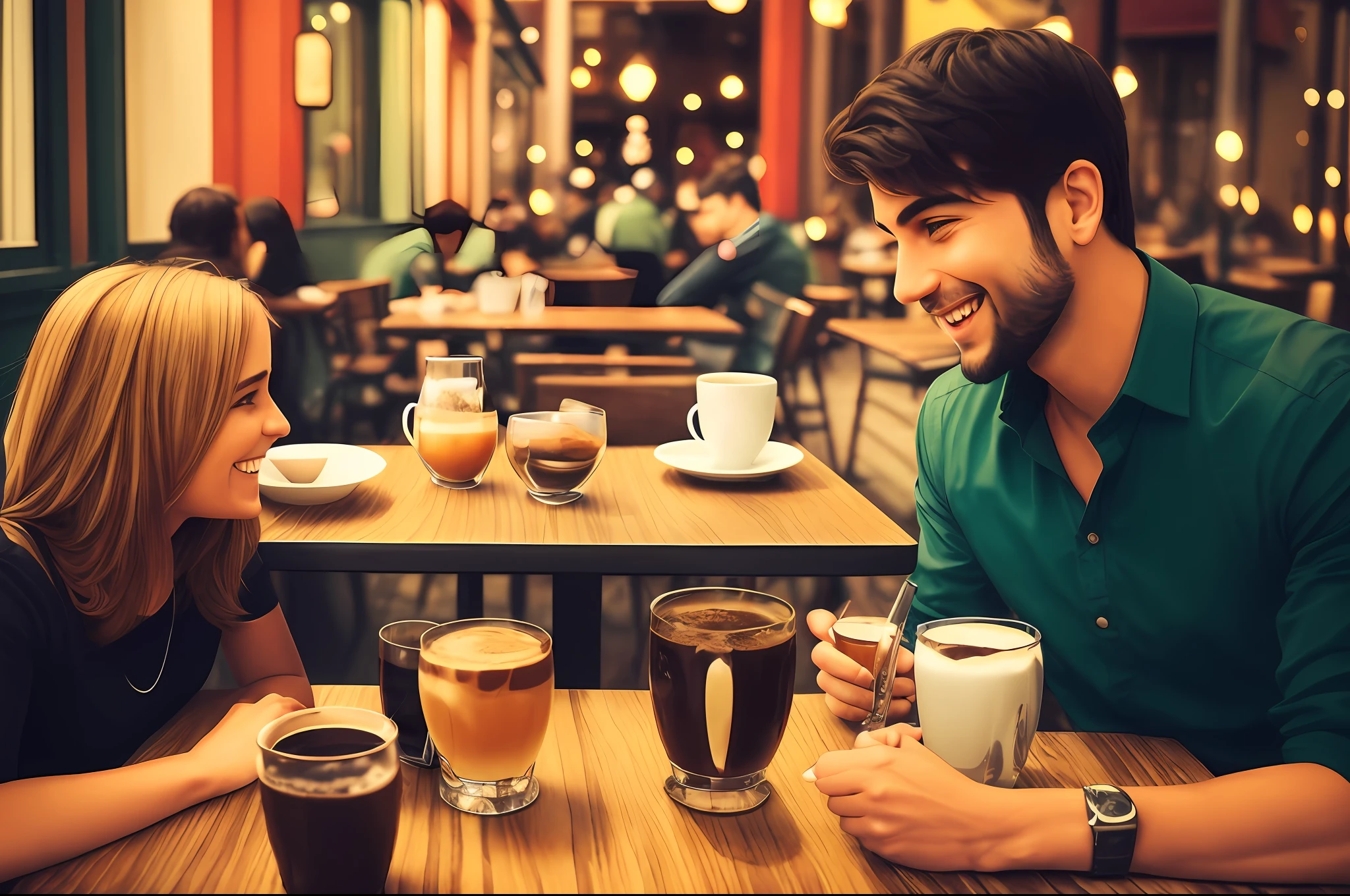 there are two people sitting at a table with drinks and coffee, enjoying coffee at a coffee shop, flirting smiling, having an awkward dinner date, intense flirting, smiling at each other, sitting on a mocha-colored table, in a coffee shop, very attractive, very intense, looking at each other mindlessly, sitting in a cafe, handsome, absolutely, very realistic --auto --s2