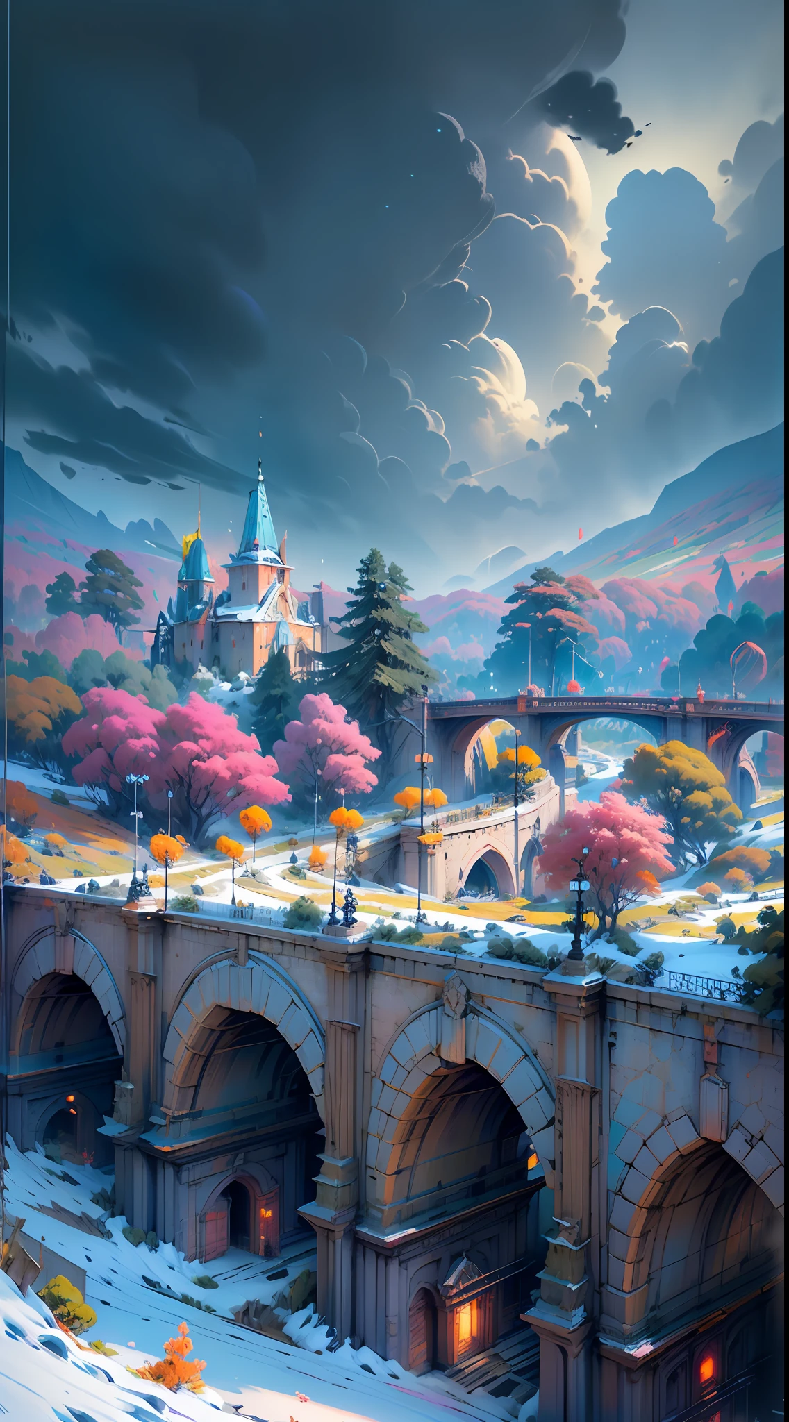 (magical place: 1.2, vibrant colors: 1.1, bridge, city on the horizon, 8k) road with tree around with army convoy in winter