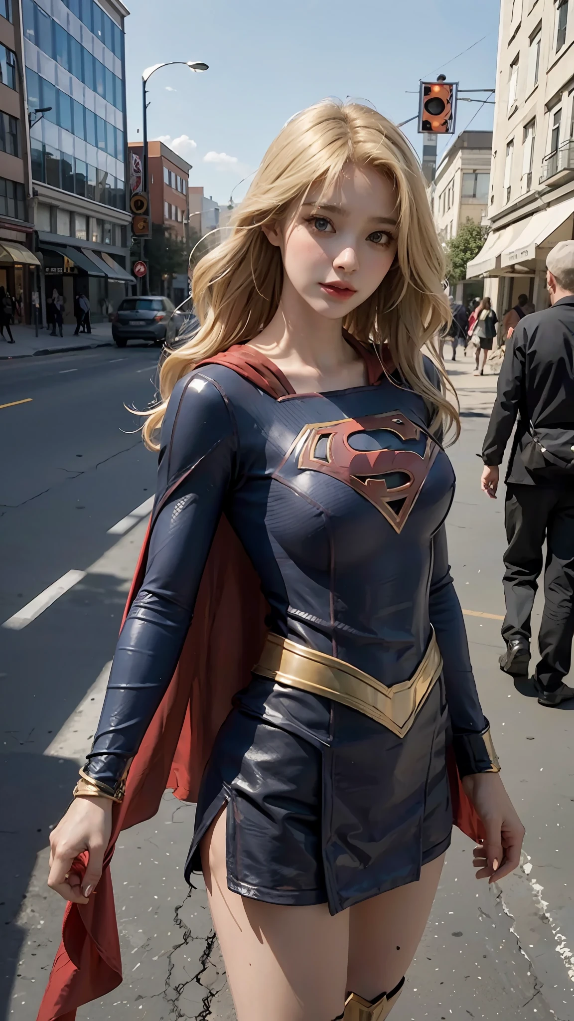 1 woman, Supergirl costume dress, medium breasts, blonde, daytime city