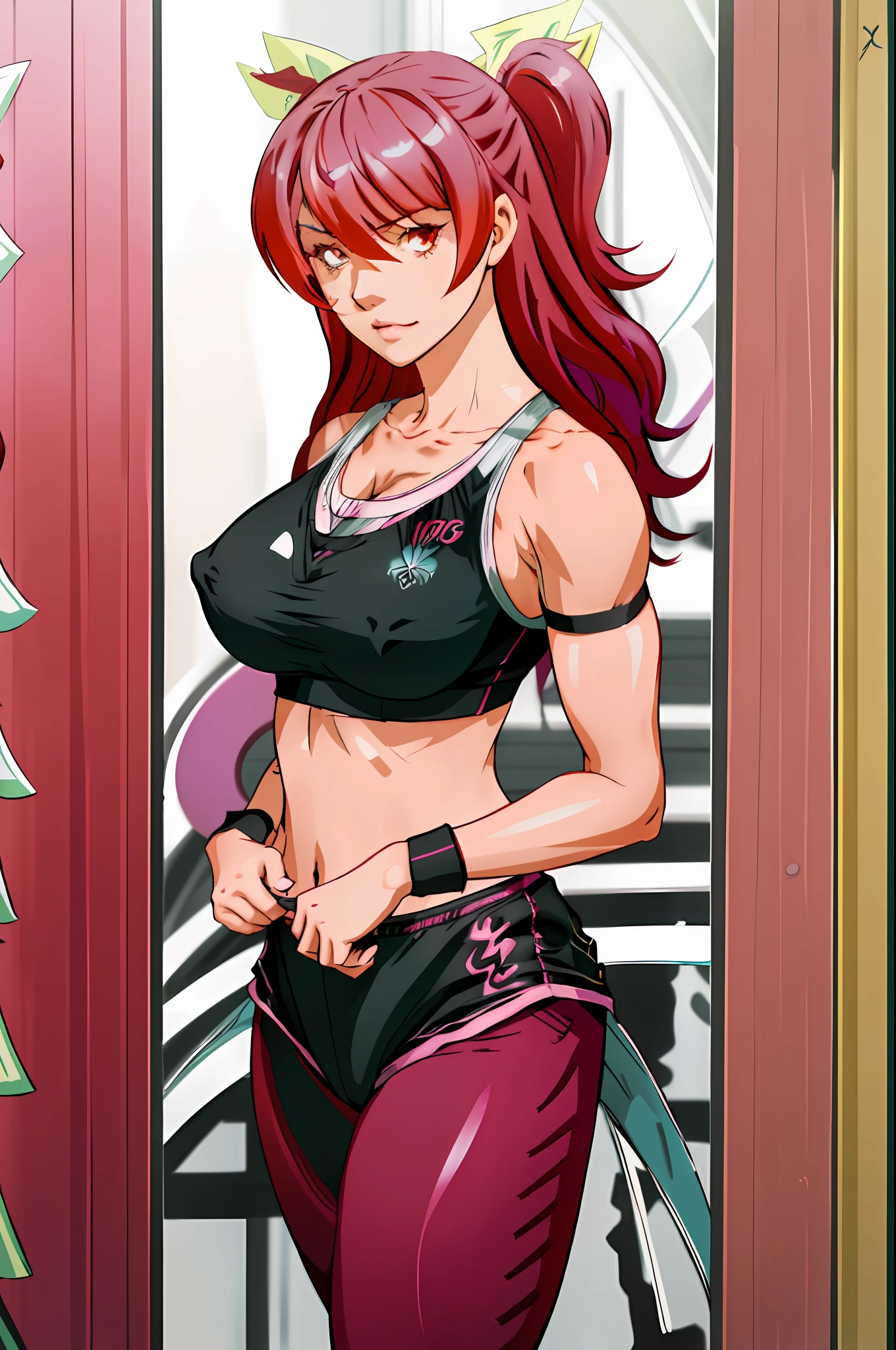 1girl, highres, sharp focus, pixiv masterpiece, ((intricate details)), highly detailed, one eye, detailed eyes, fair skin, reddish pink hair, stella vermillion,costume: sportswear, leggings, sports bra, joy ride style, ilya kuvshinov,anime moe artstyle, female anime character, anime character,